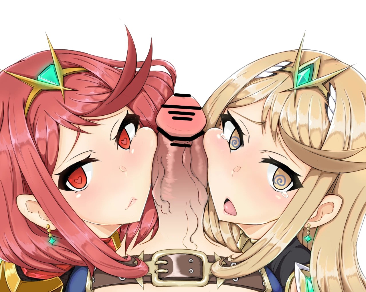 :<, 1boy, 2girls, armor, belt, big penis, blonde hair, breasts, canon couple, censored, double facejob, earrings, facejob, female, gatyo 5, heart, heart-shaped pupils, jewelry, looking at viewer, male, multiple females, multiple girls, mythra, nintendo, open mouth, partial male, penis, penis between faces, penis on cheek, penis on face, penis worship, pointless censoring, pov, pyra, red eyes, red hair, rex (xenoblade), salvager trousers, shorter male/taller female, sidelocks, straight, symbol-shaped pupils, tiara, white background, xenoblade (series), xenoblade chronicles 2, yellow eyes