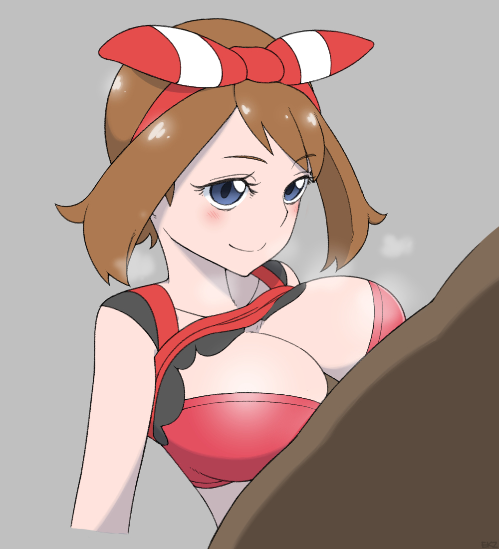 1boy, 1girls, blue eyes, blush, bra, breasts, brown hair, clothed female nude male, clothed sex, dark skin, dark-skinned male, ekz, female, heavy breathing, human, human only, interracial, large breasts, male, may (pokemon oras), may (pokemon), nintendo, paizuri, penis, pokemon, pokemon oras, red bra, seductive smile, sex, shirt lift, smile, straight