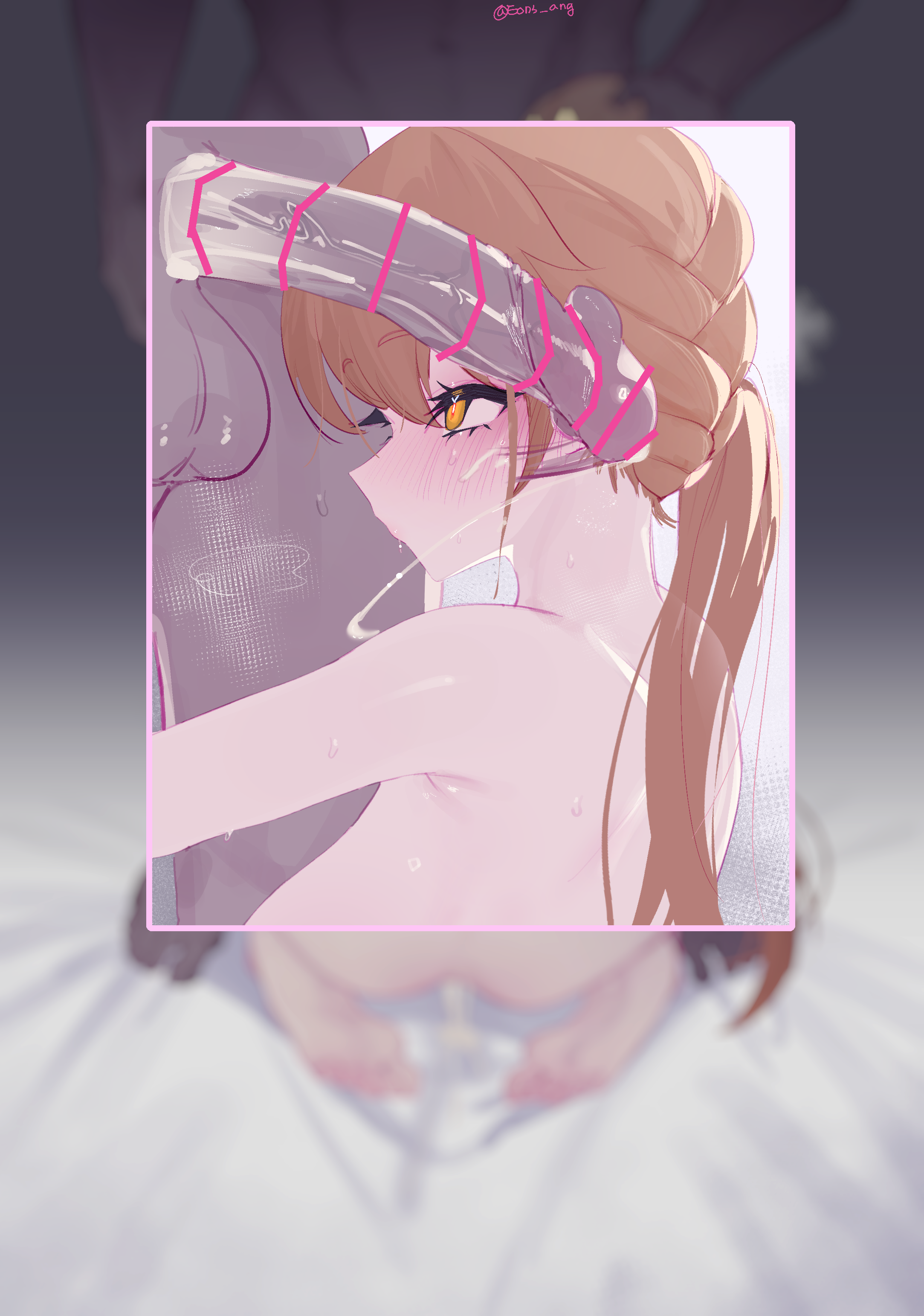 1boy, absurdres, after sex, after vaginal, ass, backboob, blonde hair, blurry, blurry background, braid, breasts, completely nude, cum, cumdrip, dark skin, dark-skinned male, eonsang, erection, female, from behind, girls' frontline, girls' frontline 2: exilium, groza (girls' frontline 2), hand on another's head, highres, kneeling, large breasts, long hair, nude, orange eyes, ots-14 (girls' frontline), penis, steaming body, sweat