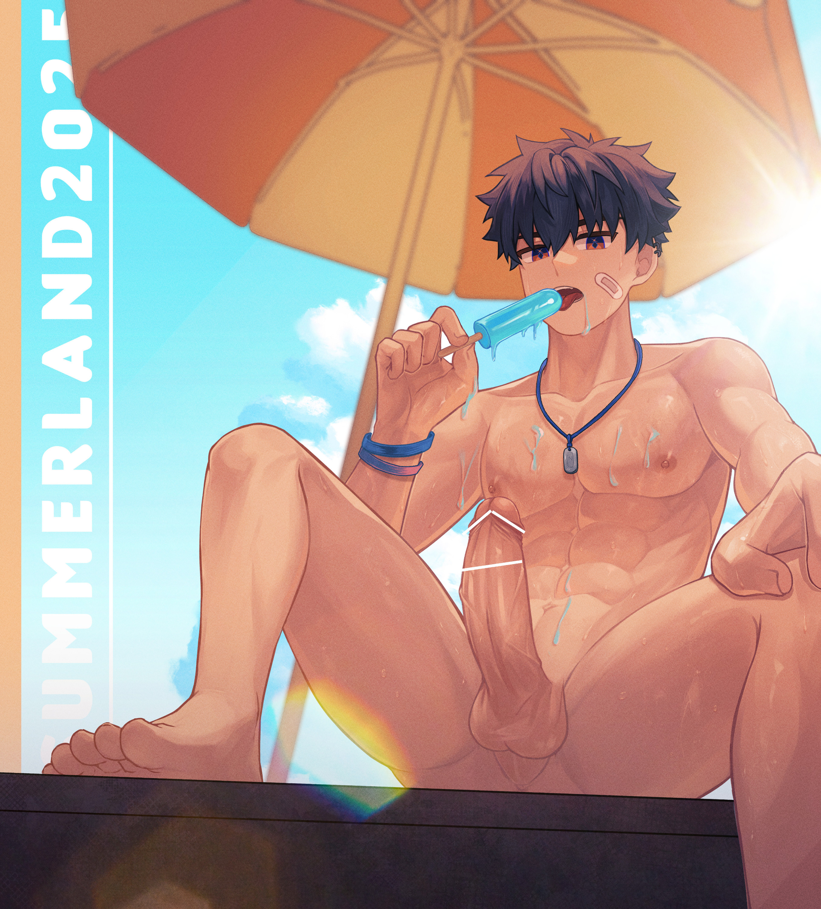 1boy, 2025, abs, balls, bandaid, bandaid on cheek, bandaid on face, big areola, big penis, blue sky, blurry background, breasts, brown eyes, brown hair, censor bar, censored, censored penis, cloud, collarbone, completely nude, diamond-shaped pupils, eight pack, erection, eyelashes, feet, food on body, foreskin, foreskin folds, frenulum, gay, hi res, huge cock, inviting, licking, licking popsicle, male, male only, mature male, morning, muscles, muscular, muscular male, navel, necklace, nino record, no body hair, nude, original, original character, parasol, pecs, penis, penis bigger than head, perineum, pointless censoring, popsicle, popsicle melting, retracted foreskin, seductive, short hair, sitting, six pack, solo, spread legs, suggestive, summer, sunlight, sweat, sweatdrop, sweating, sweaty, thick penis, toes, tongue out, uncircumcised, uncut, veiny penis, wristband, yaoi, young