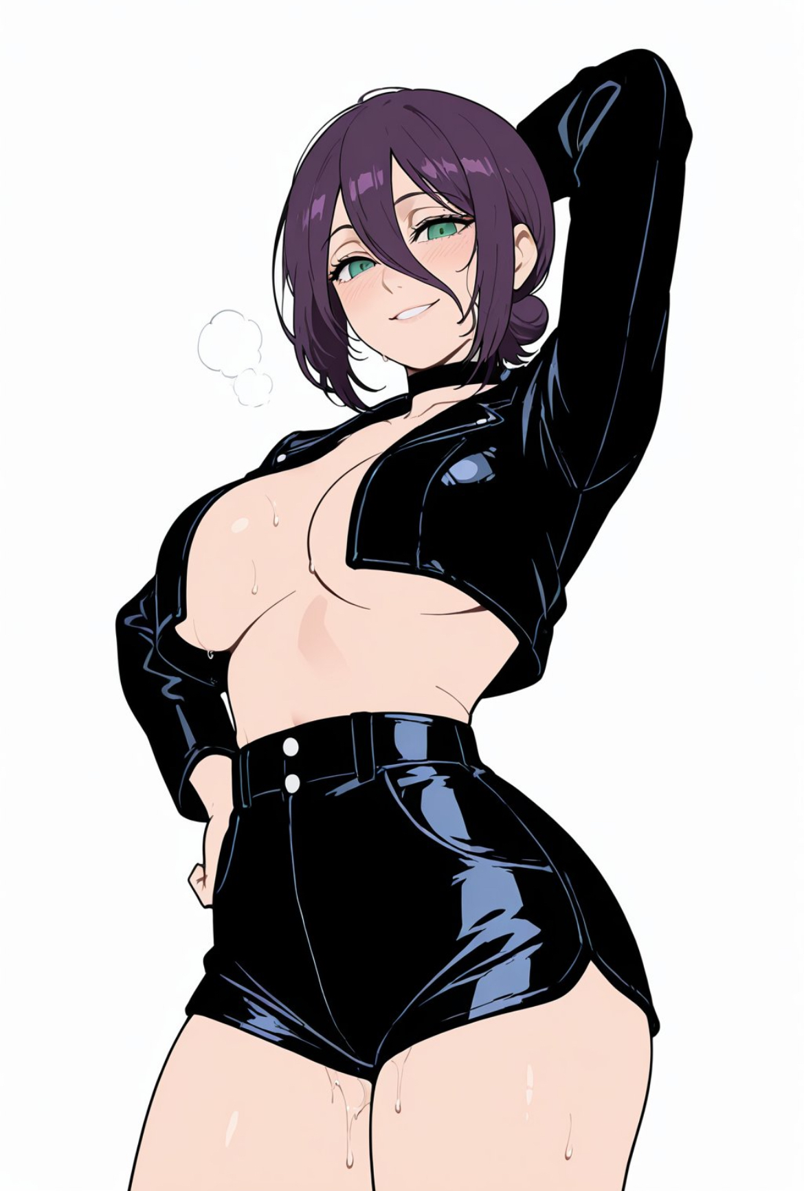 ai generated, big breasts, chainsaw man, curvy female, hair bun, hand behind head, hand on hip, kawaii waifus, leather clothing, purple hair, reze (chainsaw man), shorts, thick thighs, underboob, wide hips