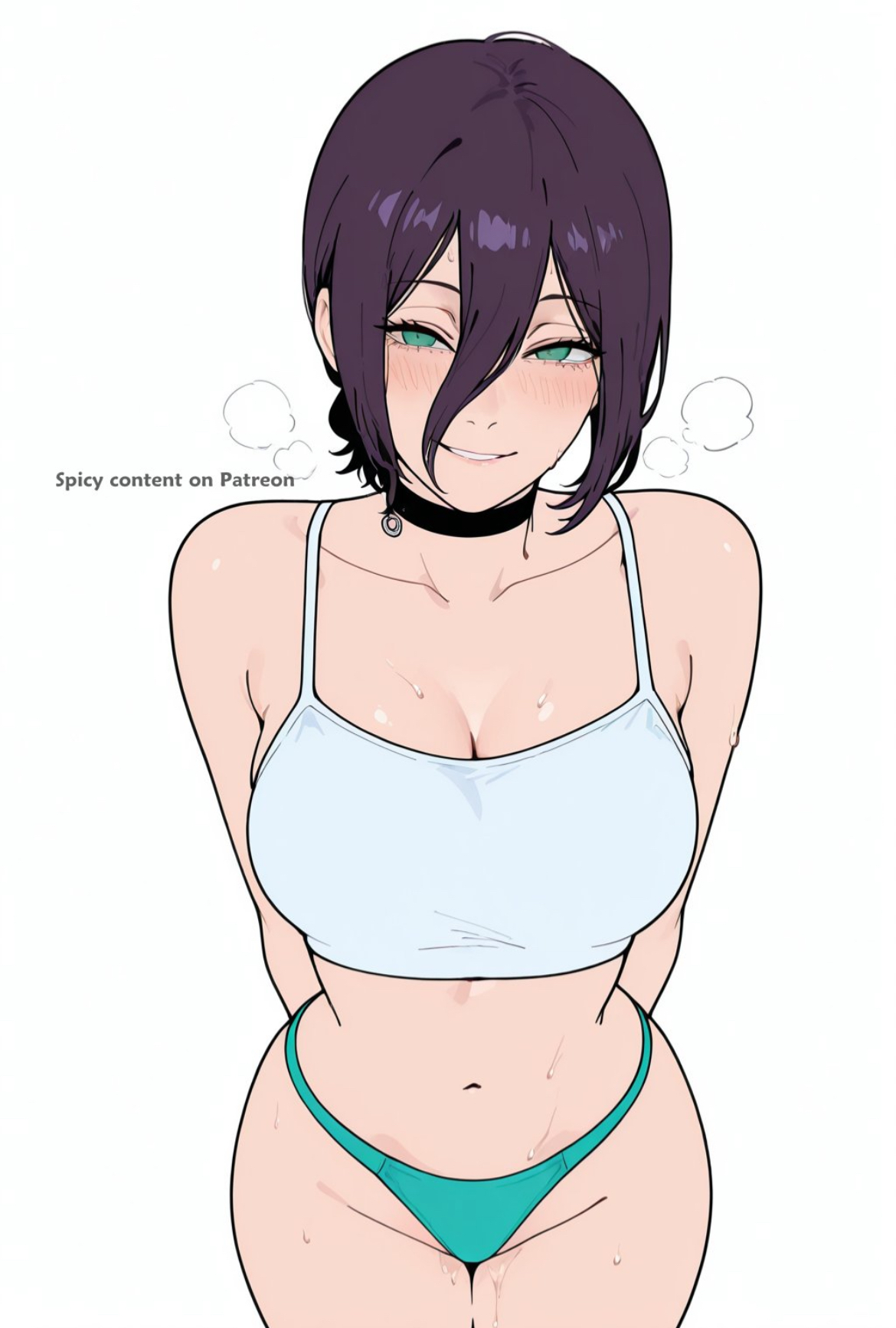 ai generated, big breasts, chainsaw man, cleavage, curvy female, hair bun, hands behind back, kawaii waifus, midriff, panties, purple hair, reze (chainsaw man), shirt, slight blush, thick thighs, wide hips