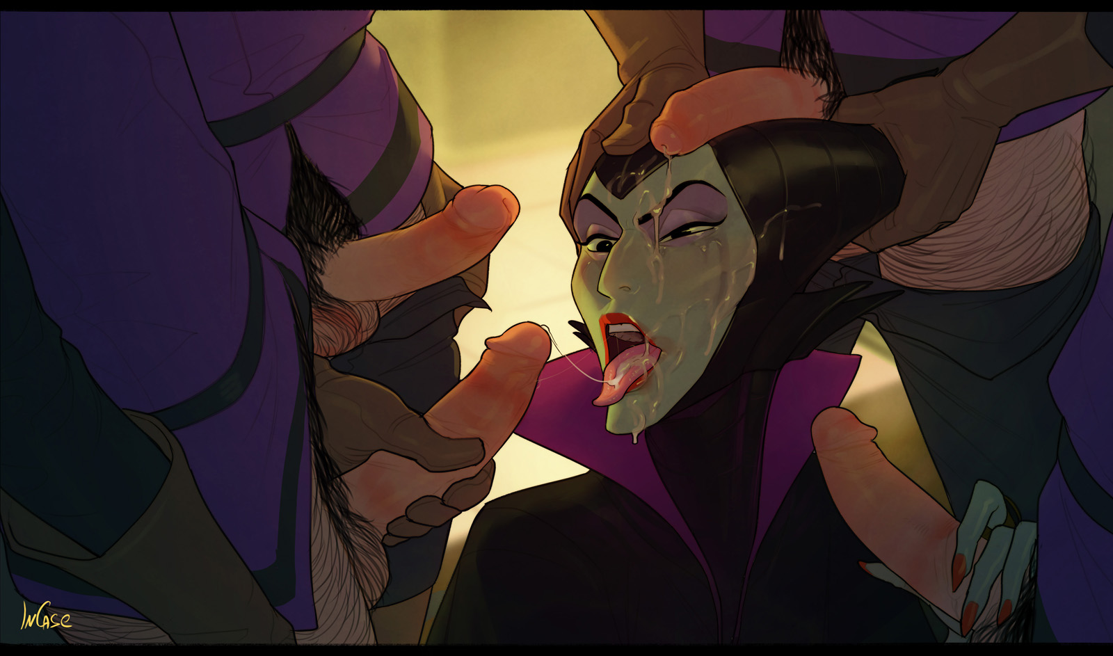 1girls, cum on face, cum trail, disney, disney villains, horns, incase, maleficent, multiple males, penis on head, sleeping beauty (1959 film), villain, villainess, witch