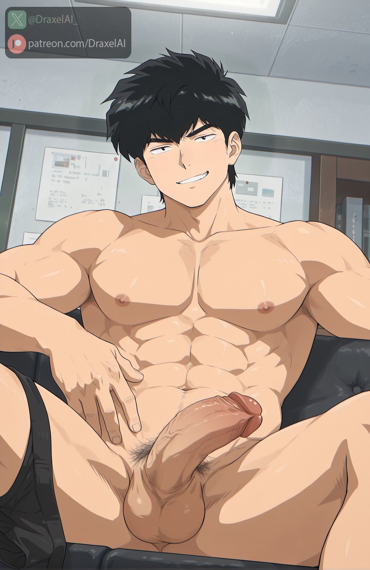 1boy, ai generated, bara, big penis, black hair, blush, blushing, buff male, draxelai , ganbare! nakamura-kun!!, gay, go for it nakamura, go for it, nakamura-kun!!, male, male only, muscular male, naked, no te rindas nakamura!!, otogiri sou, penetration, penis, professor, solo, teacher, yaoi