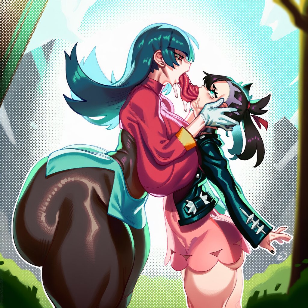 2d, 2girls, ai generated, ass, big ass, big breasts, big butt, big thighs, black bodysuit, black hair, black jacket, bodysuit under clothes, breasts, bubble butt, cropped jacket, curvy, deepthroat, dress, earrings, extreme french kiss, eye contact, female, female only, flipped hair, foxes inn, french kiss, gloves, green eyes, hair ribbon, height difference, huge ass, huge breasts, huge butt, huge thighs, jacket, jewelry, kissing, large ass, large breasts, large butt, large thighs, larger female, long hair, long sleeves, long tongue, looking at another, marnie (pokemon), massive ass, massive breasts, massive butt, multiple girls, pantyhose, pink dress, pokemon, red eyes, ribbon, sabrina (pokemon), saliva, saliva trail, size difference, skirt, thick ass, thick butt, thick thighs, thighs, throat bulge, tongue, tongue down throat, tongue in throat, tongue out, twintails, white gloves, wide hips, yuri