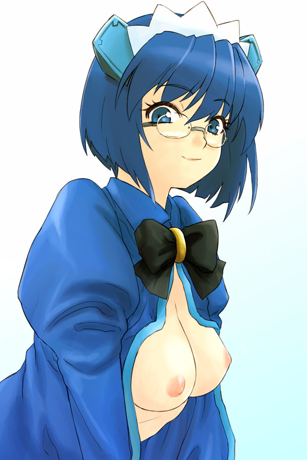 2chan 2k-tan blue_eyes blue_hair bob_cut bow breasts female female_only glasses maid_headdress matching_hair/eyes michael_f91 nipples open_clothes open_shirt os-tan shirt short_hair smile solo solo_female windows_2000