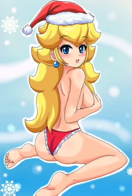 1girls blonde_hair blue_eyes blush christmas female female_only human mario_(series) nintendo princess_peach santa sigurdhosenfeld solo solo_female straight_hair topless wariza