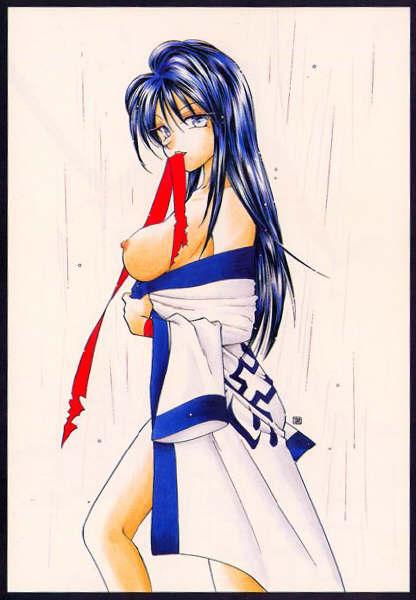 1girls artist_request blue_hair breasts female human japanese_clothes large_breasts long_hair looking_at_viewer megumi_takani nipples pale-skinned_female pale_skin rurouni_kenshin shounen_jump solo tagme