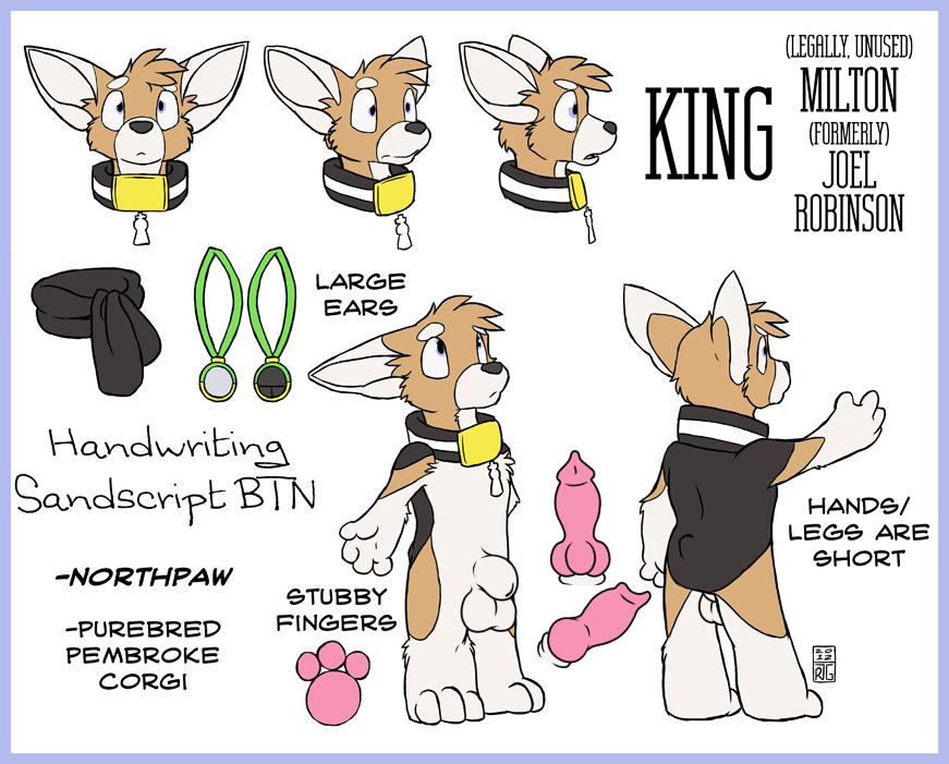 1boy anthro balls blue_eyes canine casual collar corgi edit english_text erection housepets! humanoid king_(housepets!) male male_only model_sheet nude penis rick_griffin scarf sheath solo standing text webcomic