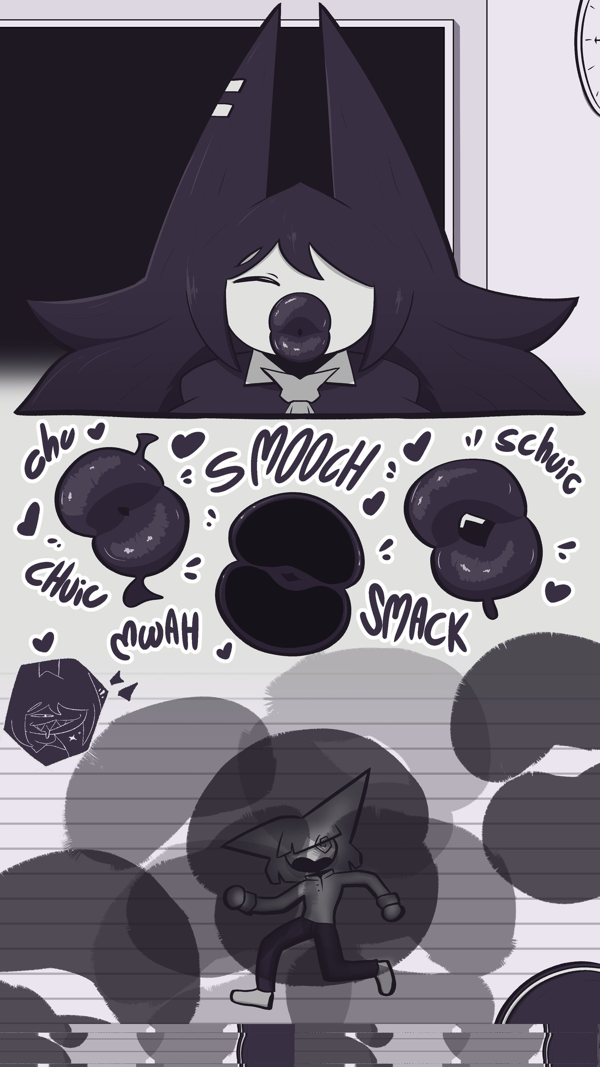 1girls, black and white, black hair, black lipstick, buchukisu, fetish, fundamental paper education, goth, goth girl, gothic, hyper lips, kisses, kissing, lipstick, micro, miniboy, miss circle (fundamental paper education), mk210, onomatopoeia, pov kiss, smooch, thicc, white body