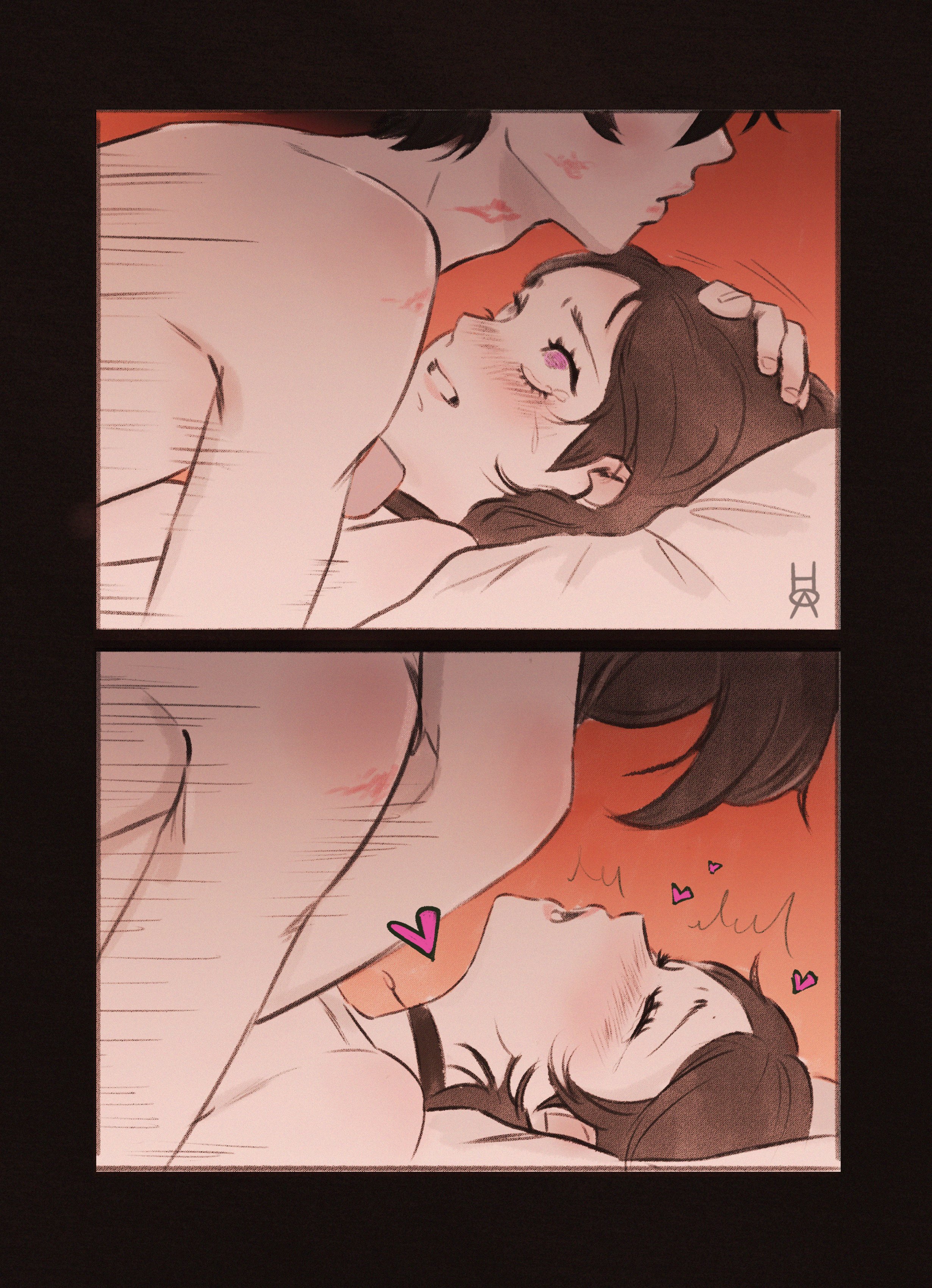 1boy, 1girls, 2d, andrew graves, ashley graves, bed, black hair, blush, brother and sister, choker, closed eyes, female, implied penetration, implied sex, incest, legs up, lipstick mark, male, missionary position, nude, phuonghoa198, pillow, pink eyes, pleasure face, sex, siblings, straight, tears, the coffin of andy and leyley