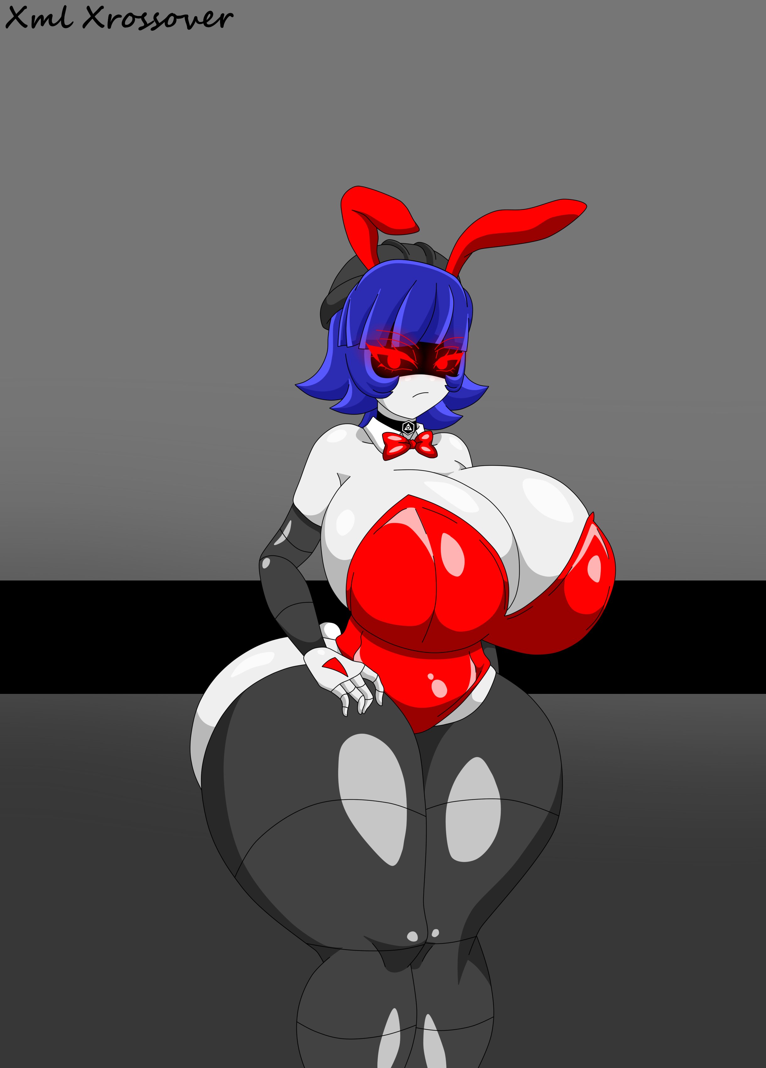 1girls, big ass, big breasts, blue hair, breast focus, bunny ears, bunnysuit, female focus, female only, furry murder drone, hyper, hyper ass, hyper breasts, murder drones, red bunnysuit, sexy, solo, solo female, solo focus, tagme, xml xrossover (artist), yeva (murder drones)