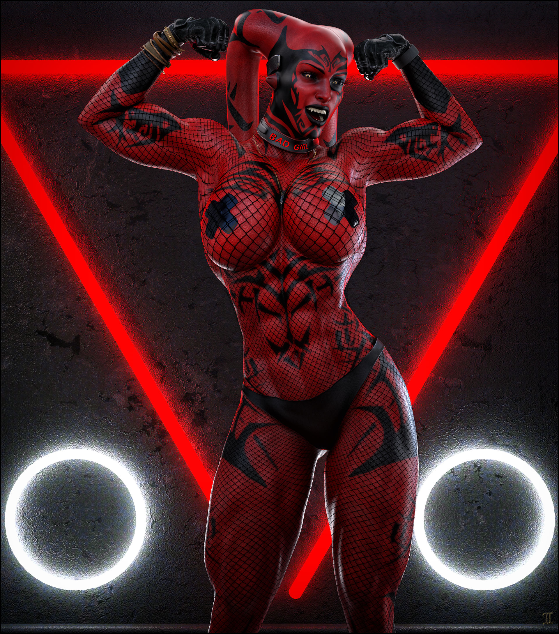 1girls, 3d, abs, alien, big breasts, breasts, collar, darth talon, exgemini, female, fishnets, flexing, large breasts, muscular, muscular female, panties, red skin, solo, star wars, taped nipples, tattoo, twi'lek