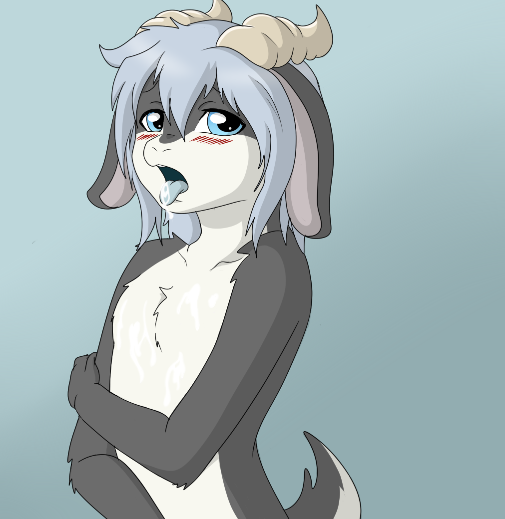 anthro blue_eyes blue_hair blush caprine cum cum_in_mouth cum_inside cum_on_body cum_on_chest cuntboy fur goat grey_fur hair horn intersex kara_(trippledot) mammal minila nude open_mouth white_fur