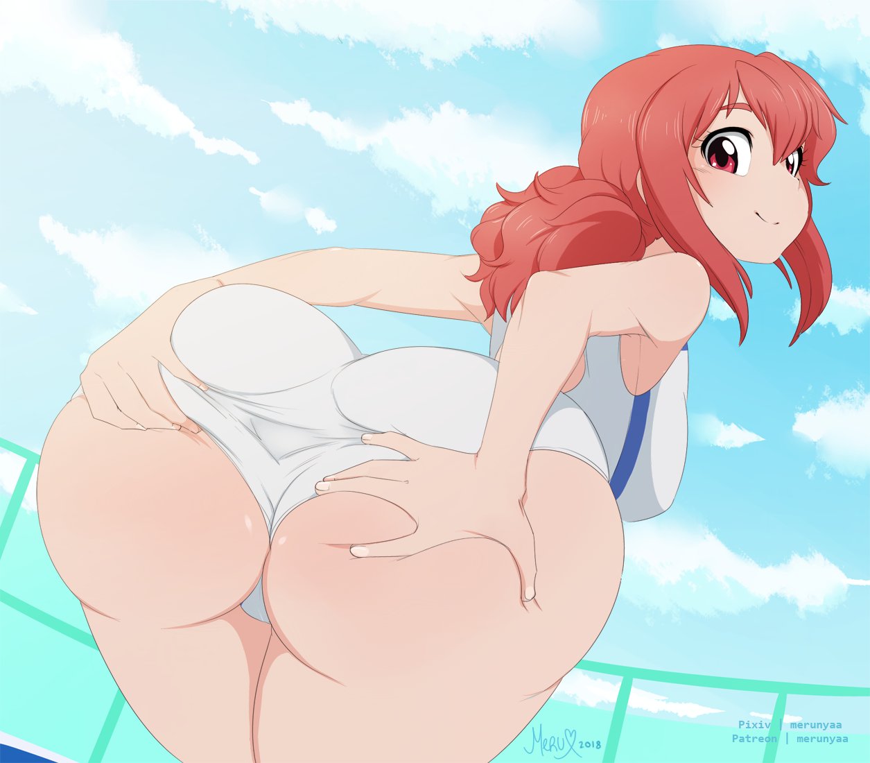 ass, big ass, breasts, cleavage, female, female only, keijo!!!!!!!!, looking at viewer, looking back, merunyaa, solo, spread anus, spread ass, toyoguchi non