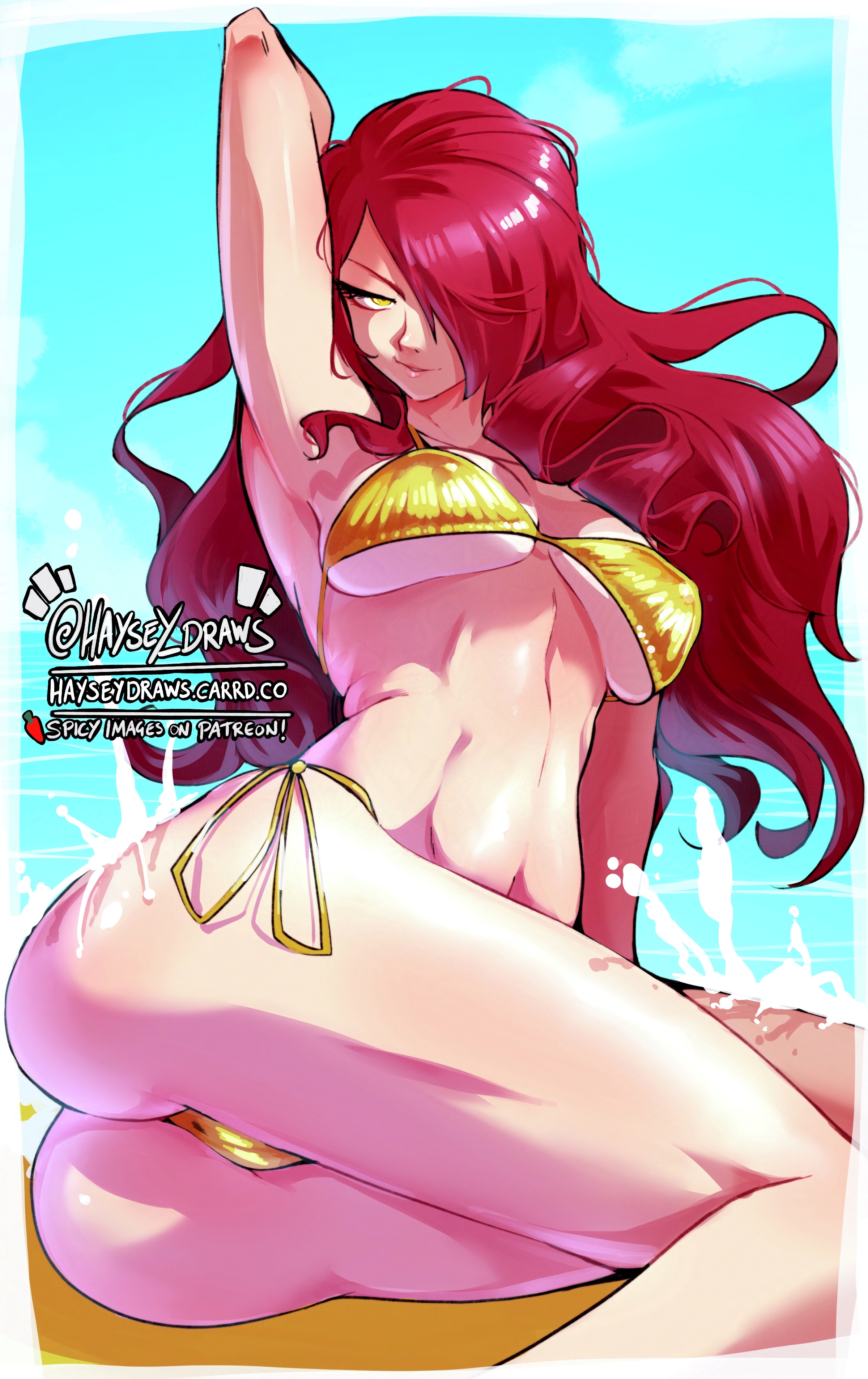 arm up, ass, atlus, beach, breasts, dark persona, female, female focus, female only, gold bikini, hair over one eye, haysey draws, kirijou mitsuru, large breasts, long hair, looking at viewer, mitsuru kirijo, on side, persona, persona 3, persona 4 arena, persona 4: the ultimate in mayonaka arena, red hair, shadow (persona), shadow mitsuru, shadow self (persona), solo, solo female, toned, toned female, water, wavy hair, yellow eyes