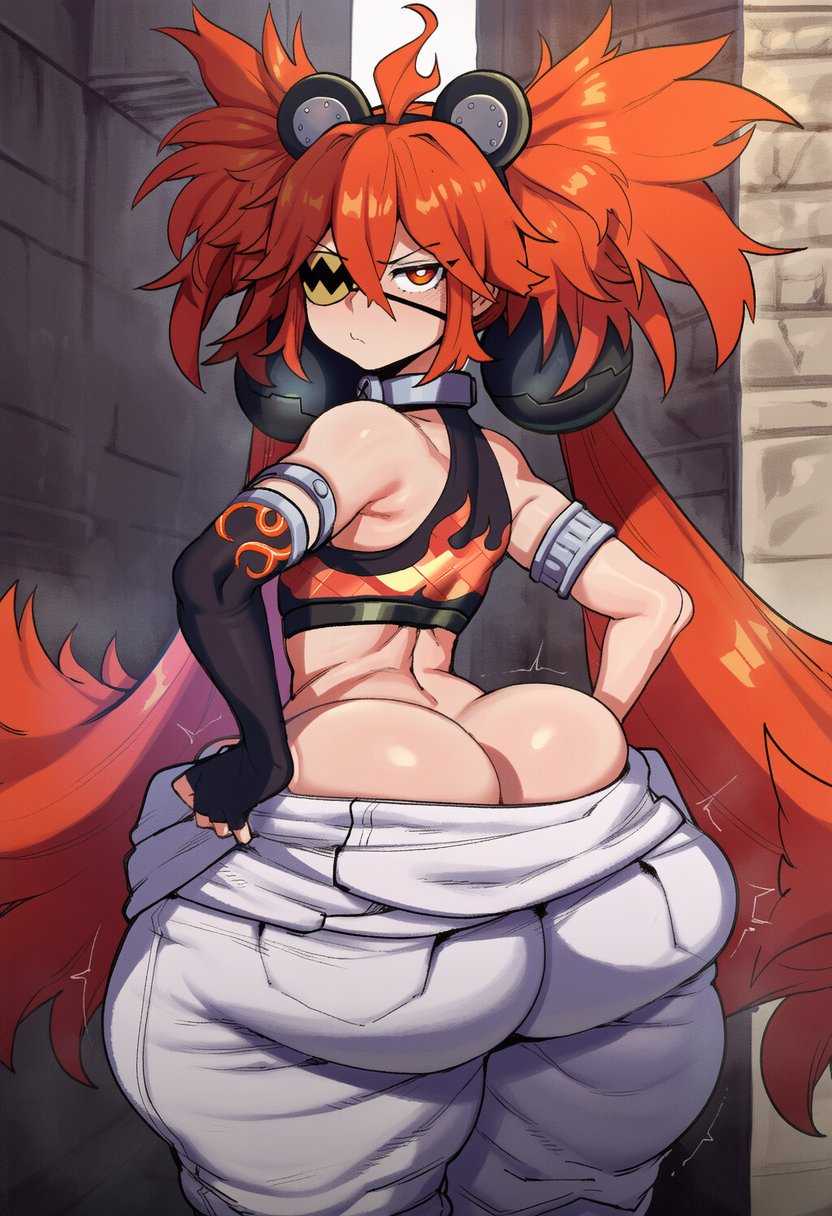 1girls, ai generated, amiamia, ass, ass cleavage, ass focus, bare shoulders, bottom heavy, bubble butt, detached sleeves, dumptruck ass, eyepatch, female, female only, goghkunn, koleda belobog, large ass, long hair, looking at viewer, looking back, orange hair, pale skin, pale-skinned female, petite, petite body, petite female, red eyes, spankable ass, thick thighs, twintails, wide hips, zenless zone zero
