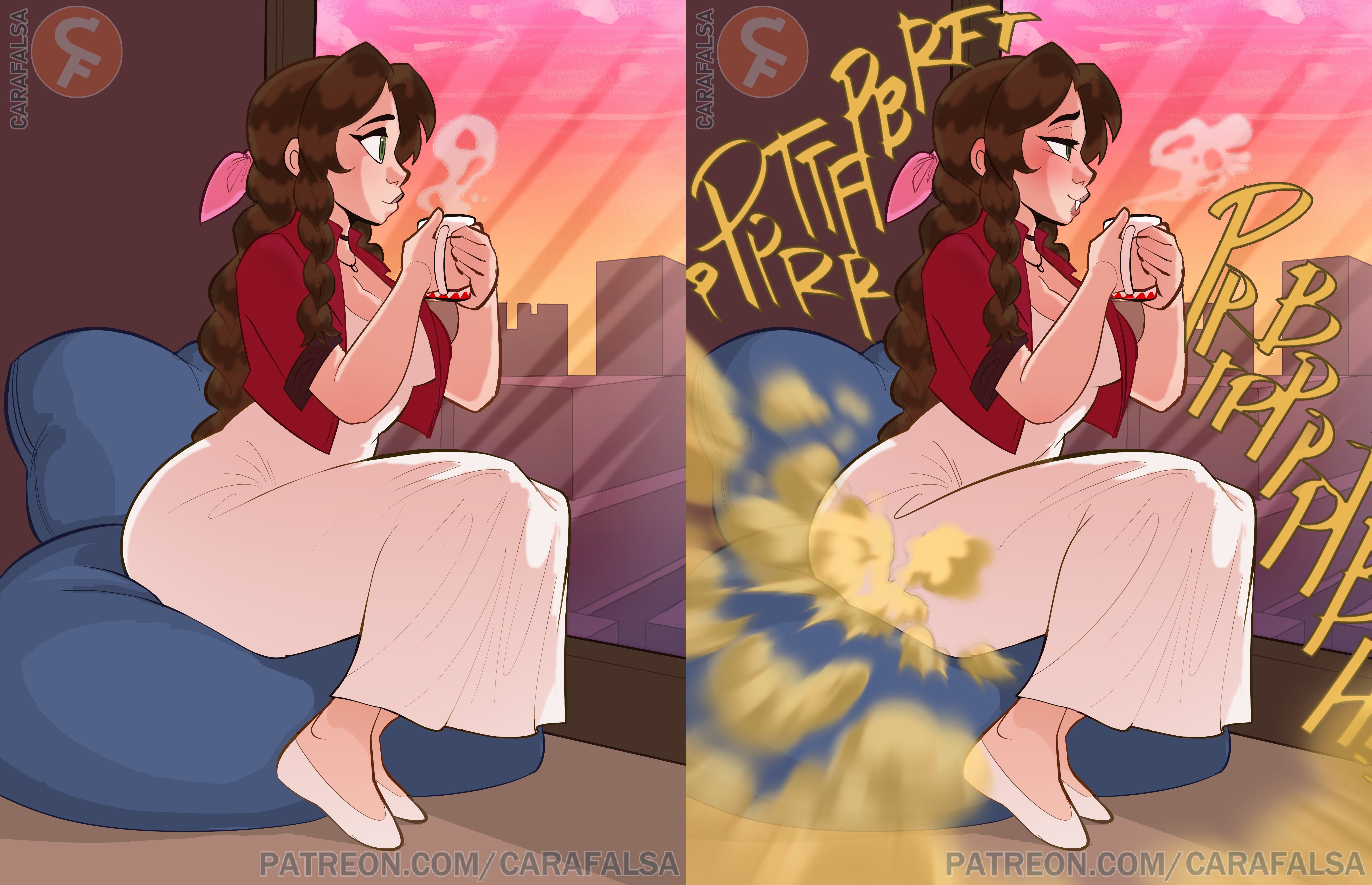 1girls, aerith gainsborough, ass, big ass, brown hair, carafalsa, dress, fart, fart cloud, fart fetish, farting, female, female only, final fantasy, final fantasy vii, final fantasy vii remake, green eyes, relaxing, smelly, solo female