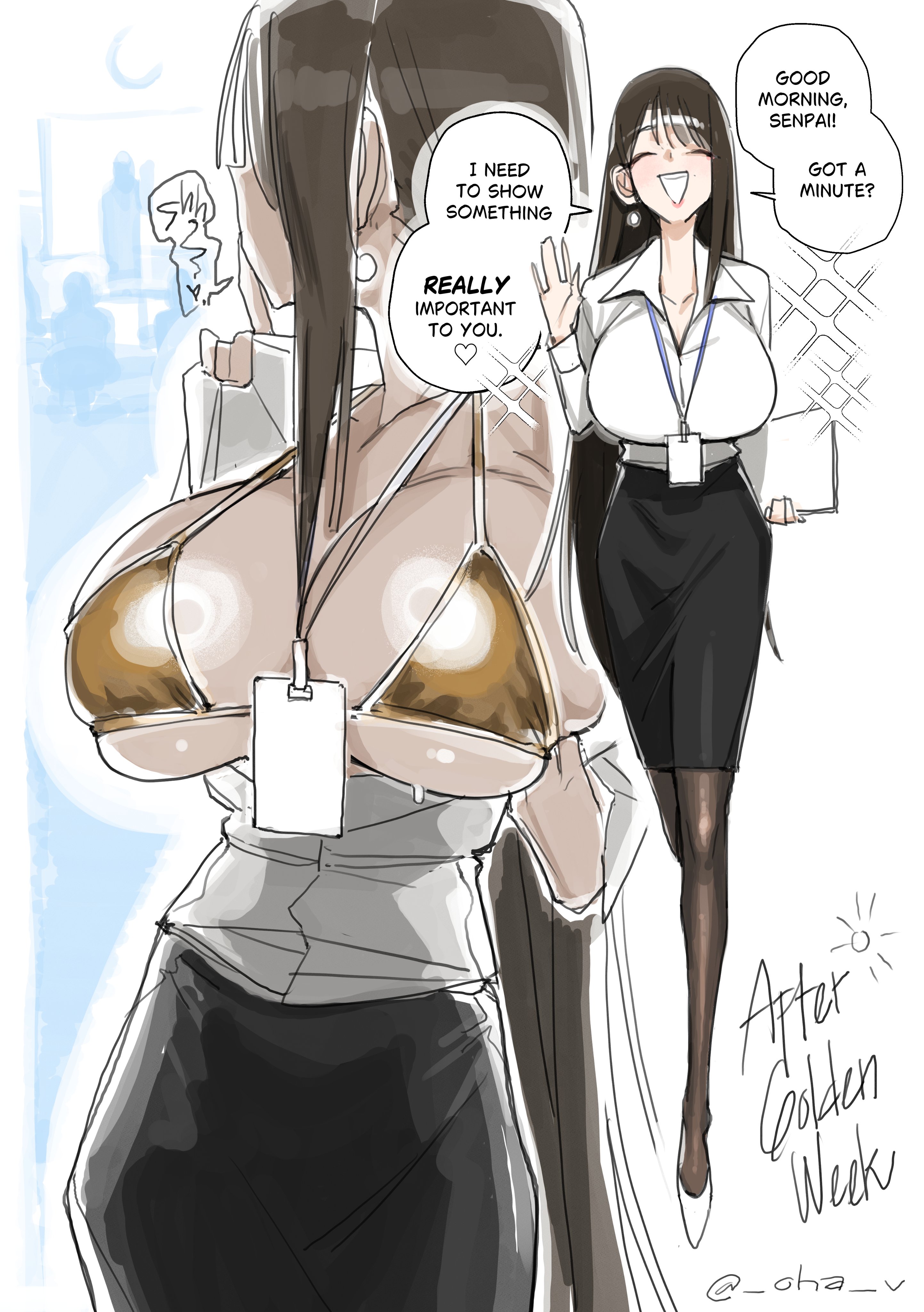 bikini, golden bikini, kohakv, large breasts, looking at viewer, looking to the side, name tag, office lady, oha v, ohkohaku, open shirt, original, shushing, skirt, speech bubble, tagme, voluptuous