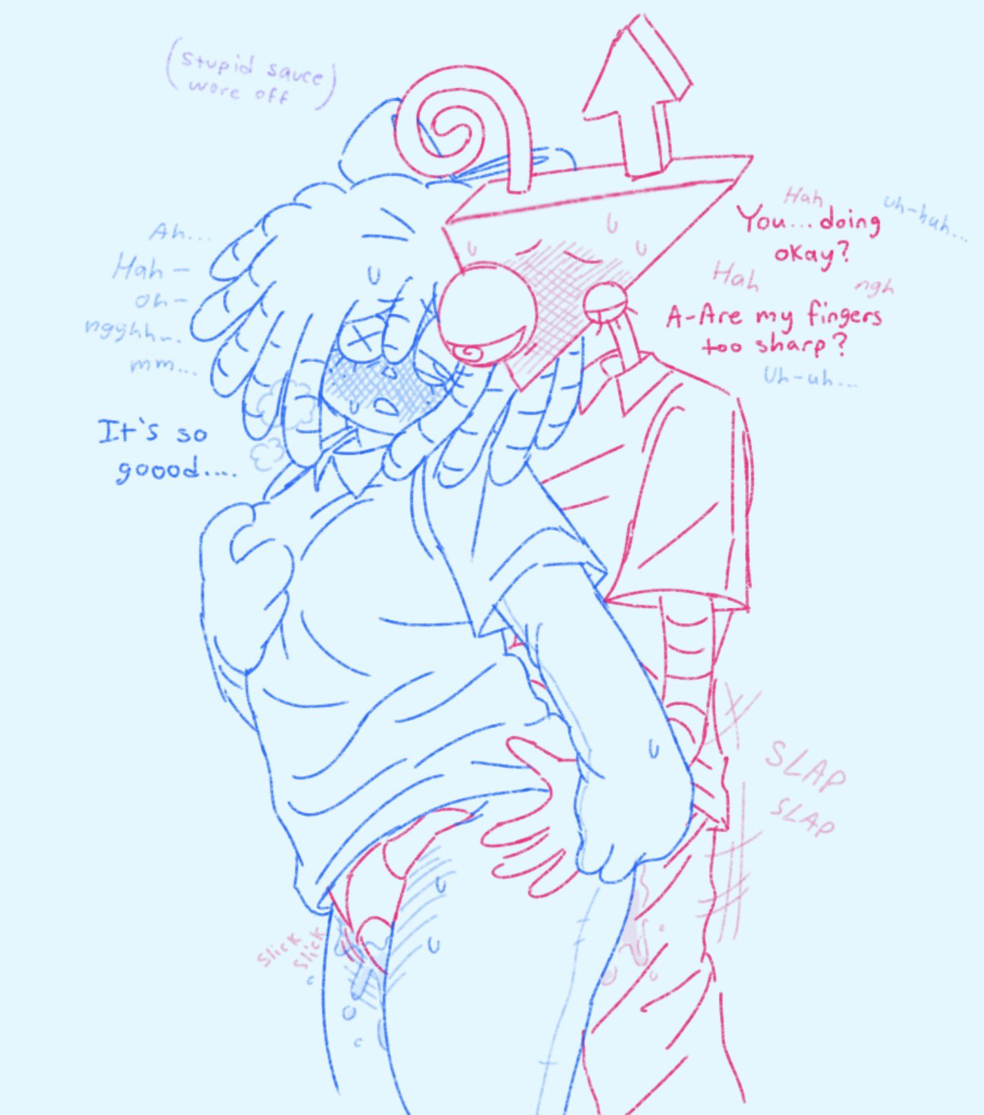 1girls, 1nonbinary, abstract character, dialogue, doll girl, glitch productions, gooseworx, hand on ass, lesbian sex, ragatha (the amazing digital circus), ragdoll, sex at work, sprinklepie, standing sex, tagme, the amazing digital circus, yuri, zooble (the amazing digital circus)