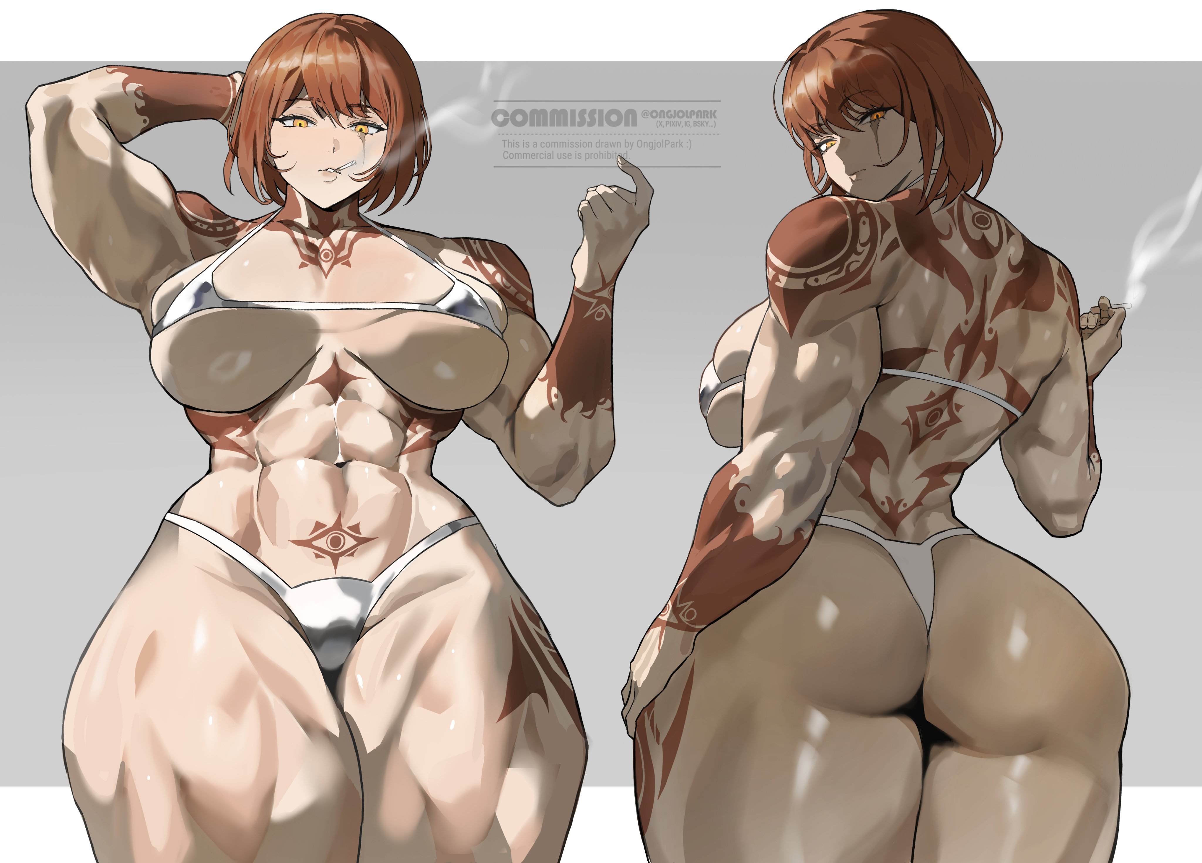 1girls, abs, absurd res, armpits, ass, bikini, breasts, commission, hi res, large breasts, muscular, muscular female, navel, ongjolpark, original, red hair, tattoo, thick thighs, watermark, white bikini, yellow eyes