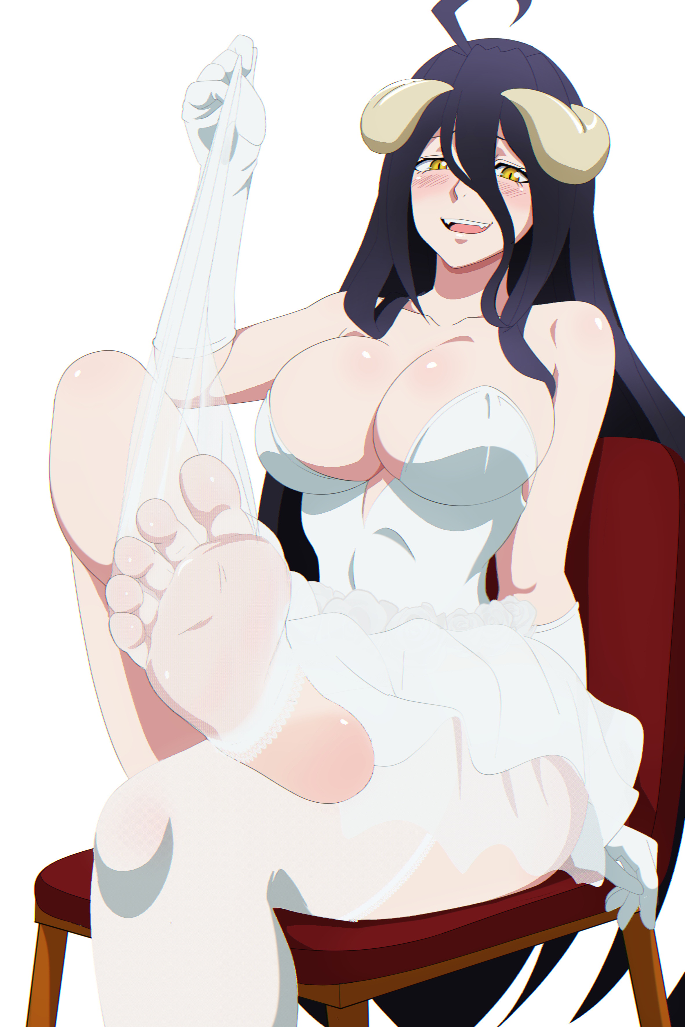 1girls, albedo (overlord), barefoot, black hair, blush, breasts, demon, demon girl, feet, feet focus, female, foot fetish, foot focus, horns, long hair, open mouth, overlord (maruyama), soles, solo, stockings, succubus, toes, yellow eyes, zorzero