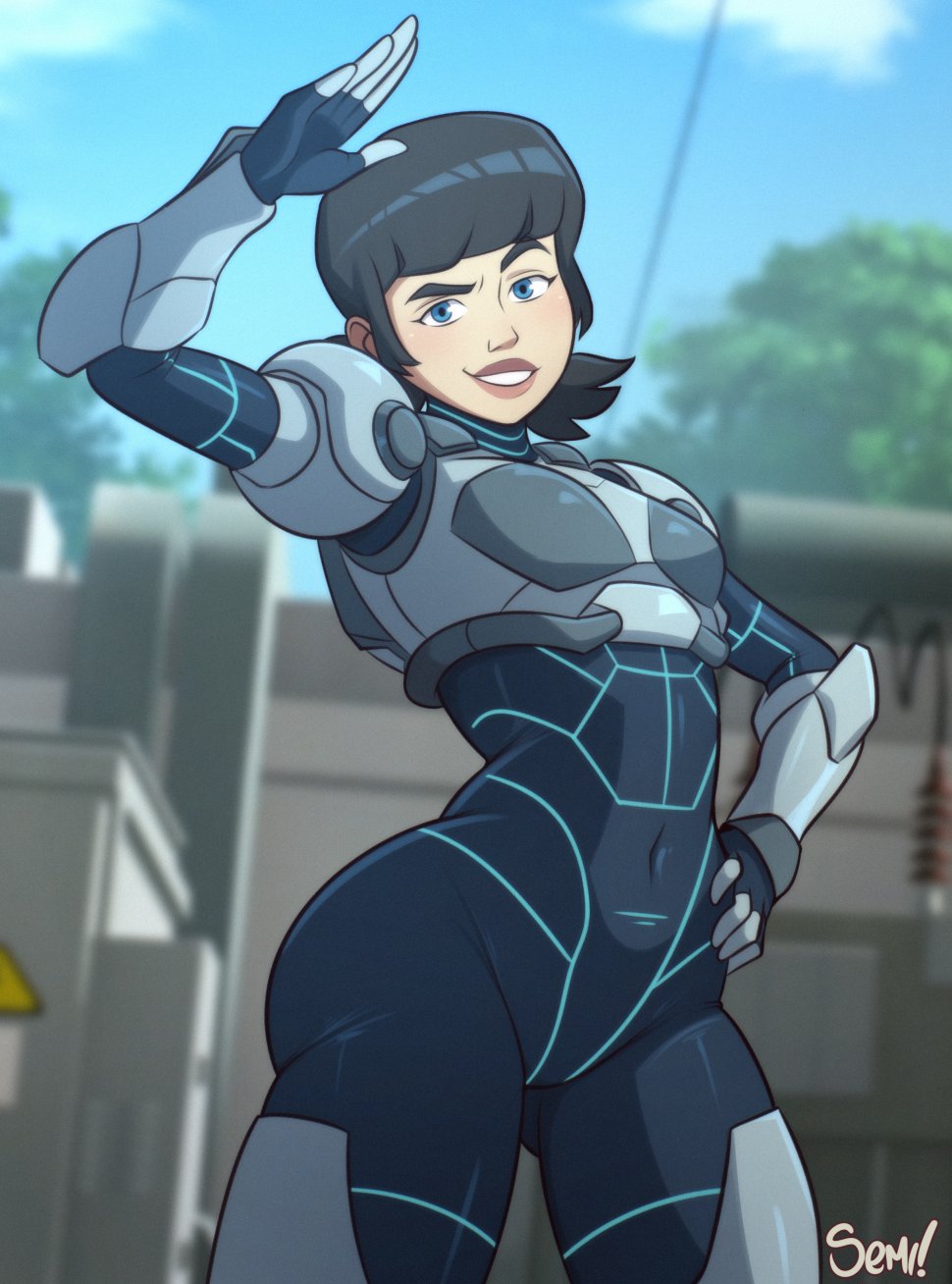 1girls armor armored_female artist_logo ass bedroom_eyes big_ass big_butt black_hair blue_eyes bodysuit butt female female_focus female_only invincible invincible_(tv_series) looking_at_viewer navel semidraws signature solo_female solo_focus source_request tech_jacket tech_jacket_(zoe_thompson) text thick_thighs wide_hips