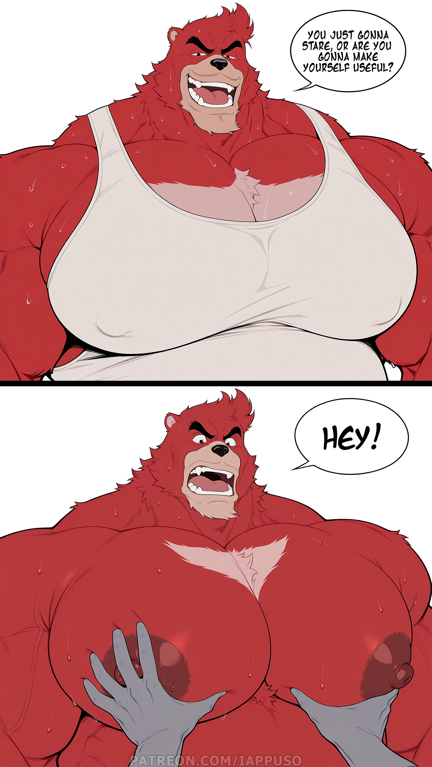 1boy, 2koma, ai assisted, ai generated, anthro, bara, bara tiddies, bara tits, barazoku, bear, beast, big areola, big nipples, big pecs, big pectorals, dialogue, facial hair, furry, groping, groping breasts, huge pecs, huge pectorals, kemono, kumatetsu, large pecs, large pectorals, male, male breasts, male only, mature male, muscular, muscular male, osupp-ai, speech bubble, text, the boy and the beast, voluptuous male