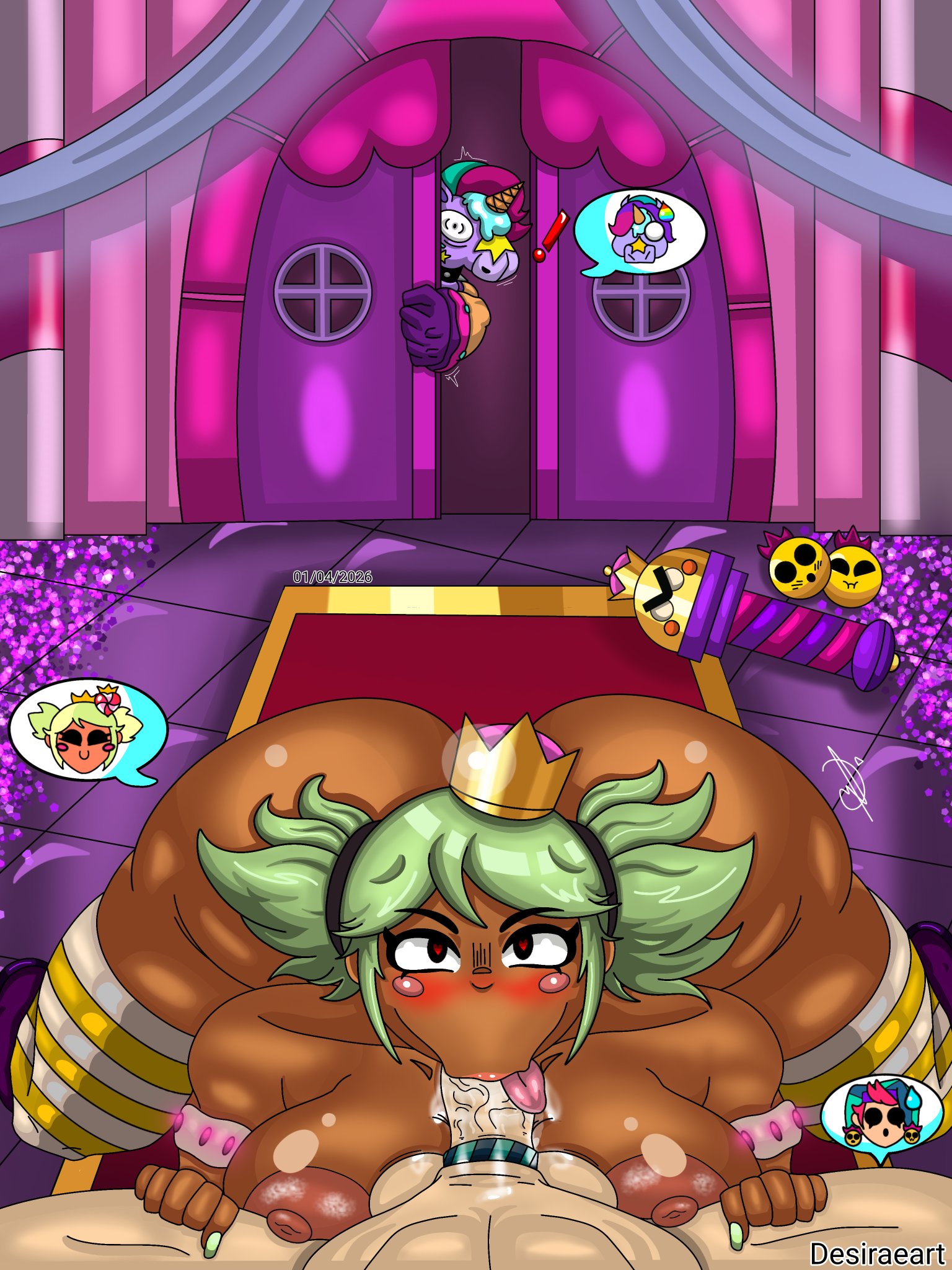 :>=, big ass, big breasts, big butt, big penis, blowjob, blowjob face, brawl stars, crown, desiraeart, green hair, heart-shaped pupils, mandy (brawl stars), queen, supercell