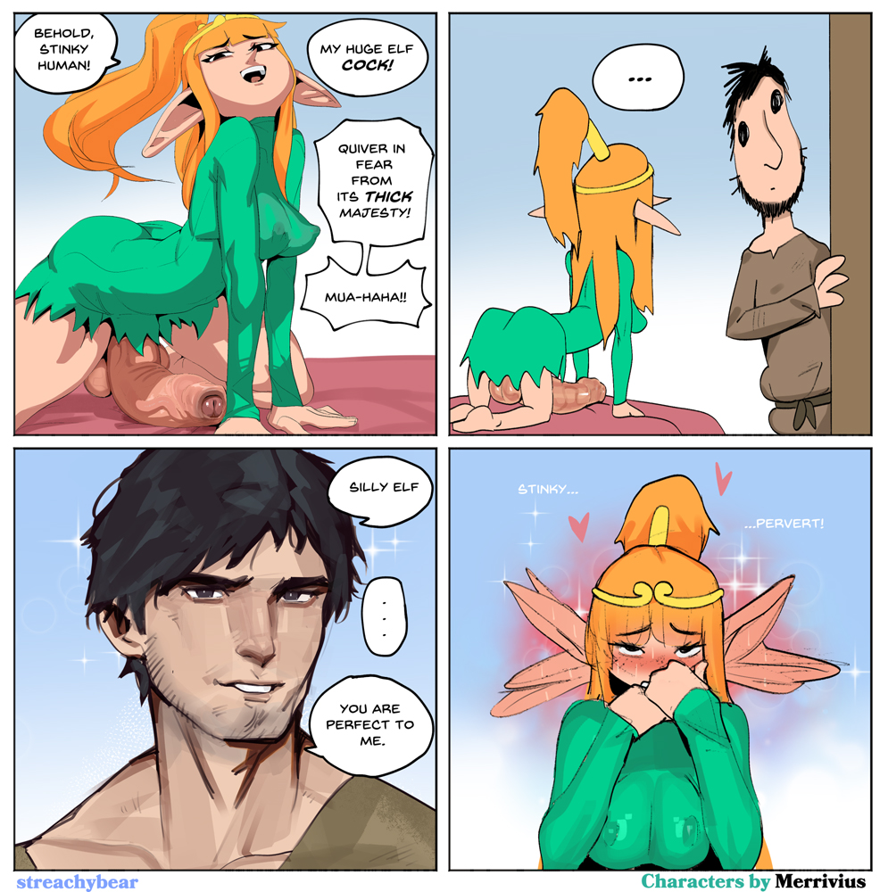 1boy, 1futa, all fours, balls, bottomless, clothed, clothing, elf, elf (merrivius), elf comic (webtoon), english dialogue, flustered, futa with male, futanari, huge cock, human, human (merrivius), humanoid, humanoid penis, light skin, male, mostly clothed, penis, small breasts, streachybear