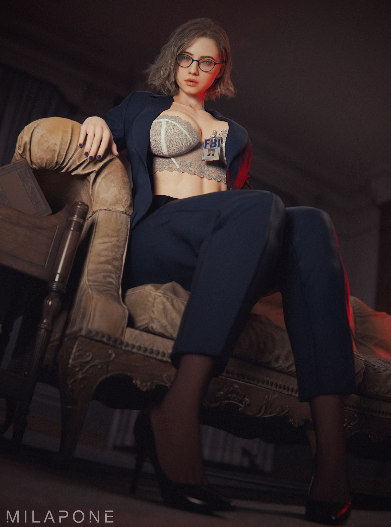 1girls, 3d, 3d (artwork), 3d model, 3d render, big breasts, blonde hair, blue eyes, clothing, fbi, fbi agent, fbi badge, female, glasses, grace ashcroft, grace ashcroft (fbi outfit), grace ashcroft (julia pratt), human, id card, lingerie, looking at viewer, milapone, office, office background, office clothing, pale skin, pants, resident evil, resident evil 9: requiem, solo