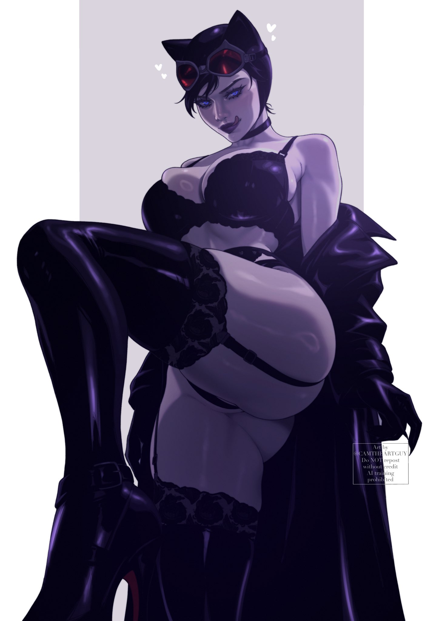 1girls, 2d, 2d (artwork), batman (series), big breasts, blue eyes, breasts, busty, camtheartguy, cat ears, catwoman, cleavage, curves, curvy, dc, dc comics, female, female focus, female only, goggles, large breasts, light skin, light-skinned female, lingerie, pale skin, pale-skinned female, pussy lips, selina kyle, thigh highs, thighhighs, tongue, tongue out, underwear