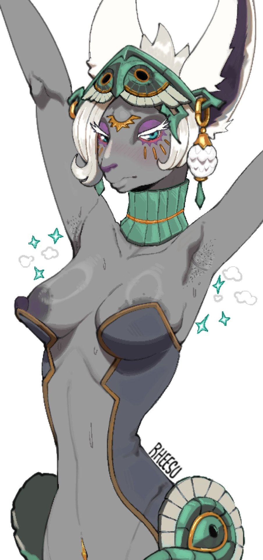 1girls, animal ears, anthro, armpit stubble, armpits, arms up, female, female only, mineru, rheesu, sweat, tears of the kingdom, the legend of zelda, white hair, zonai