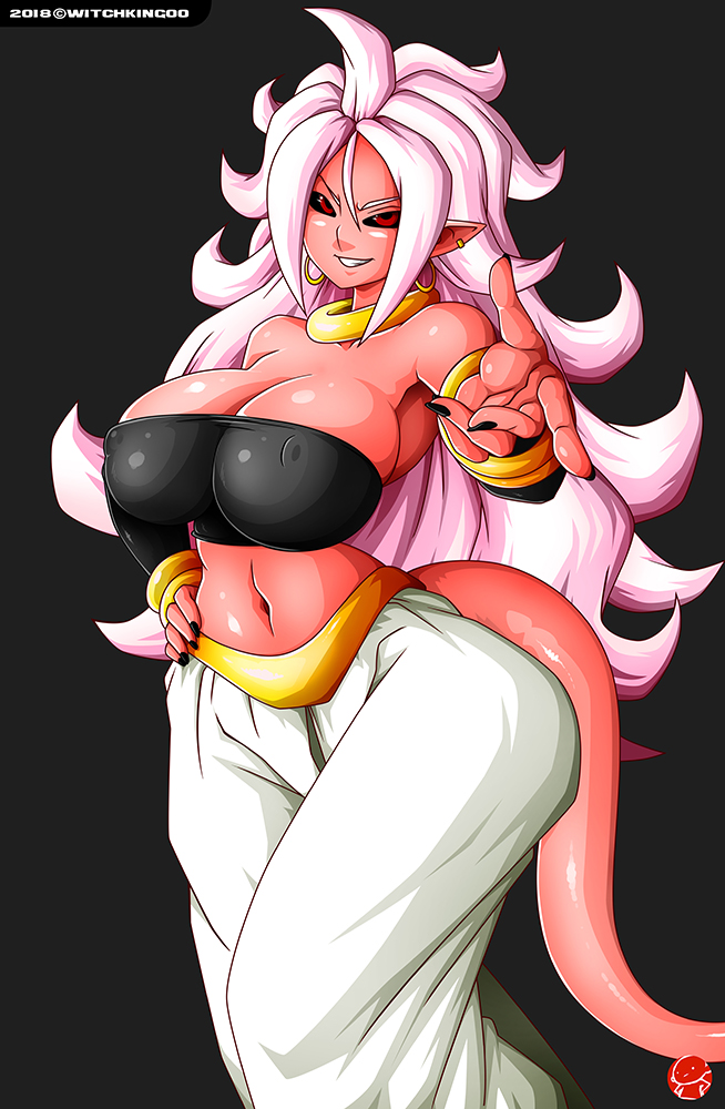 1girls, 2010s, android 21, big breasts, black sclera, breasts, cleavage, dark persona, dragon ball, dragon ball fighterz, female, female only, fully clothed, humanoid, large breasts, long hair, looking at viewer, majin, majin android 21, monster girl, pink skin, pointy ears, red eyes, solo, tail, white hair, witchking00