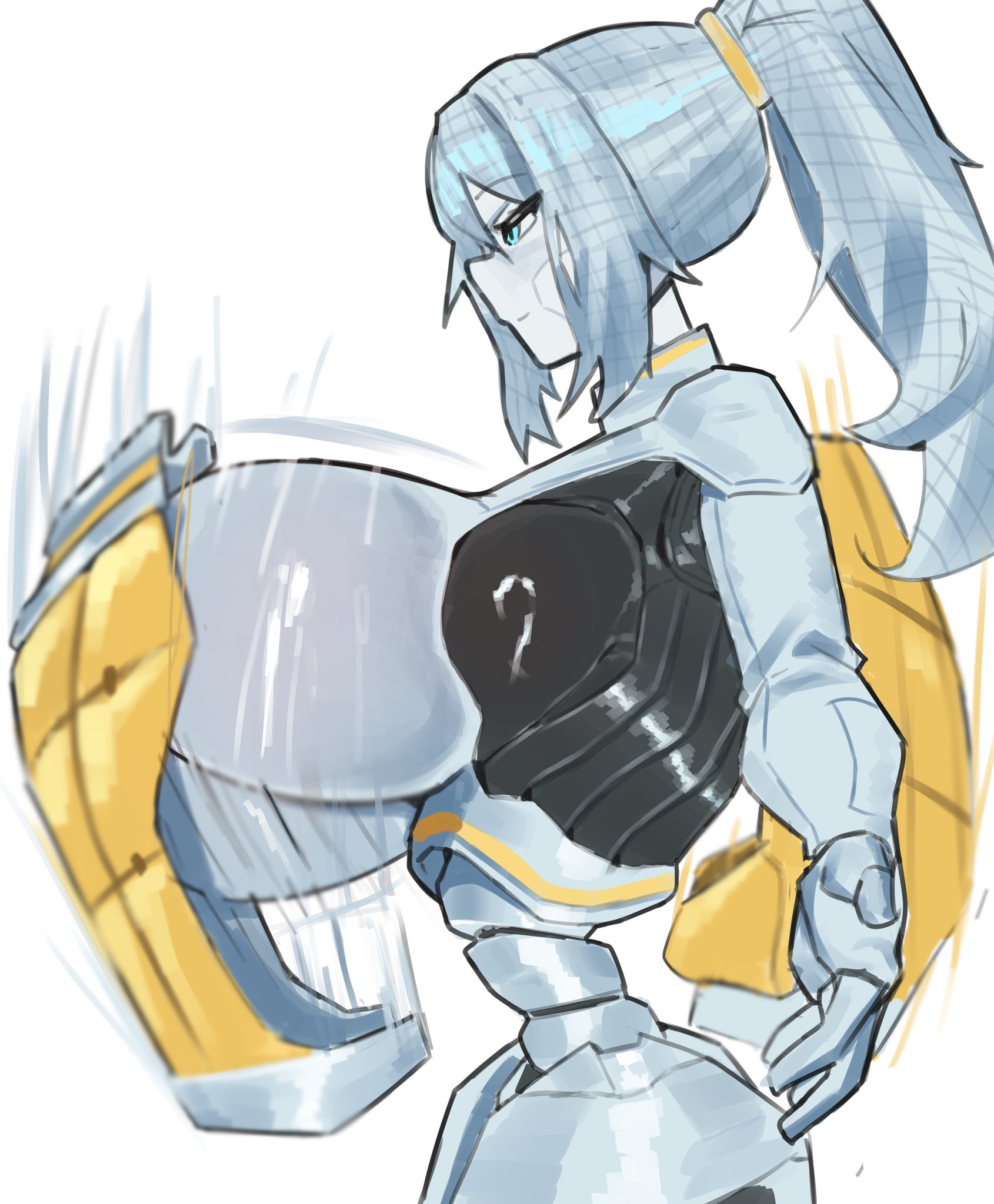 1girls, albina (limbus company), armor, armored female, big breasts, blue eyes, bright eyes, clank clank clank, closed mouth, cyan eyes, eyebrows visible through hair, faust (limbus company), female, female only, kineku, large breasts, limbus company, massive breasts, project moon, robot girl, side view, white background, white body, white hair