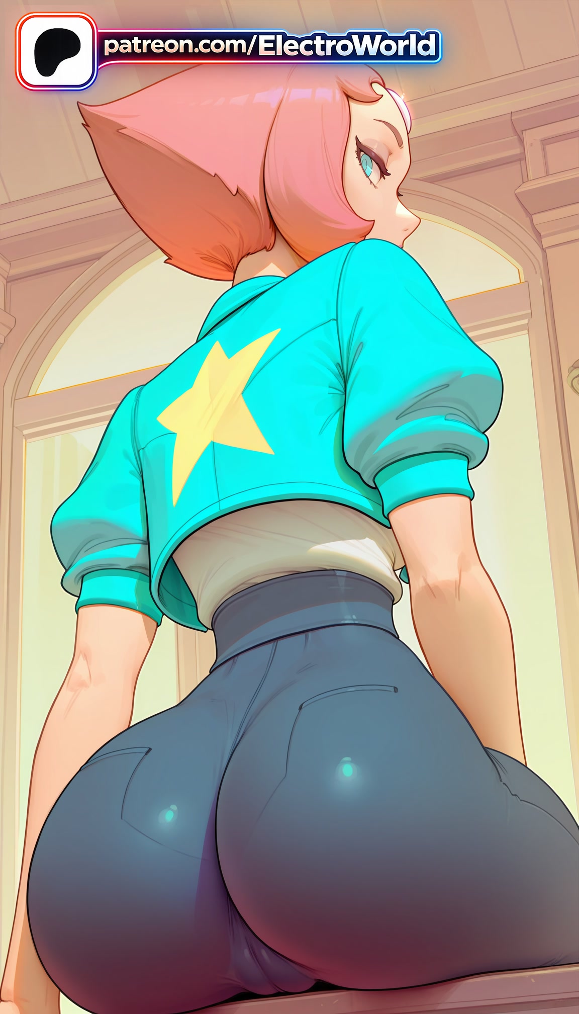 1girls, 2026, ai generated, animal ears, artist name, ass, electroworld, female, from behind, hi res, high quality, high resolution, highres, looking back, pantylines, patreon, patreon username, pearl (steven universe), short hair, solo, stable diffusion, star (symbol), steven universe, watermark