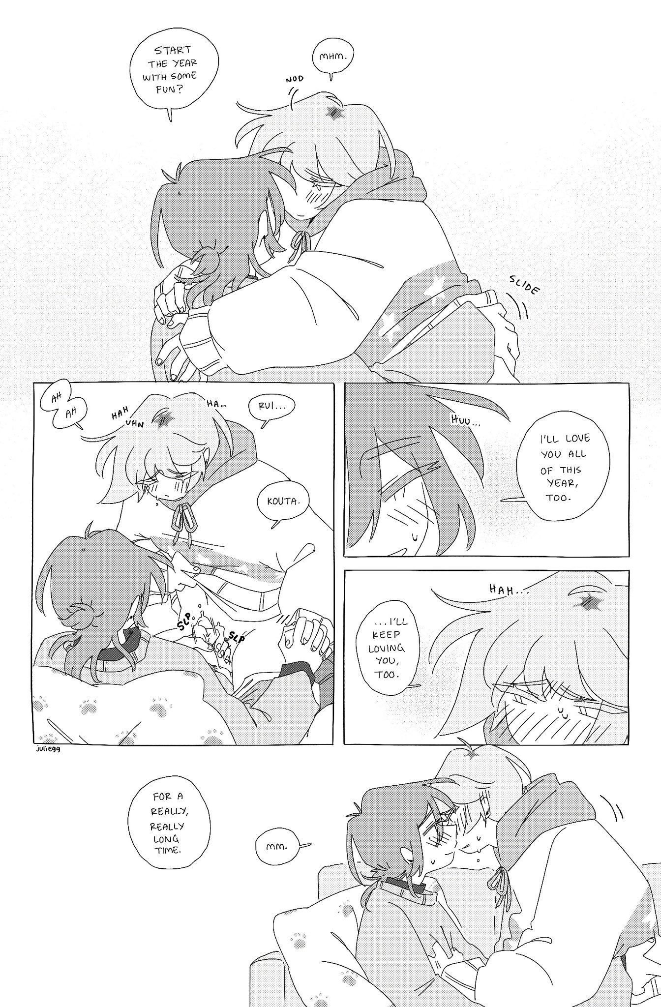 2boys, ahoge, arm around partner, arms around partner, artist name, artist signature, blonde hair, blush, brown hair, cardigan, close-up, closed eyes, clothed sex, comic, dialogue, dyed hair, ear piercing, earrings, english text, erection, eyebrows visible through hair, frottage, full-face blush, greyscale, happy sex, holding hands, imminent sex, juliegg, kouta (juliegg), long bangs, looking at another, looking at partner, looking pleasured, male pubic hair, masturbation, moaning, moaning name, monochrome, motion lines, new year, original, partially clothed, penis, penis grab, precum, precum on penis, pubic hair, pubic hair peek, romantic, romantic couple, rui (juliegg), screentone, shirt grab, side view, sitting, smile, sound effects, speech bubble, sweatdrop, sweater, tied hair, underwear, underwear down, unseen male face, viewed from behind, watermark, white background, wholesome, yaoi
