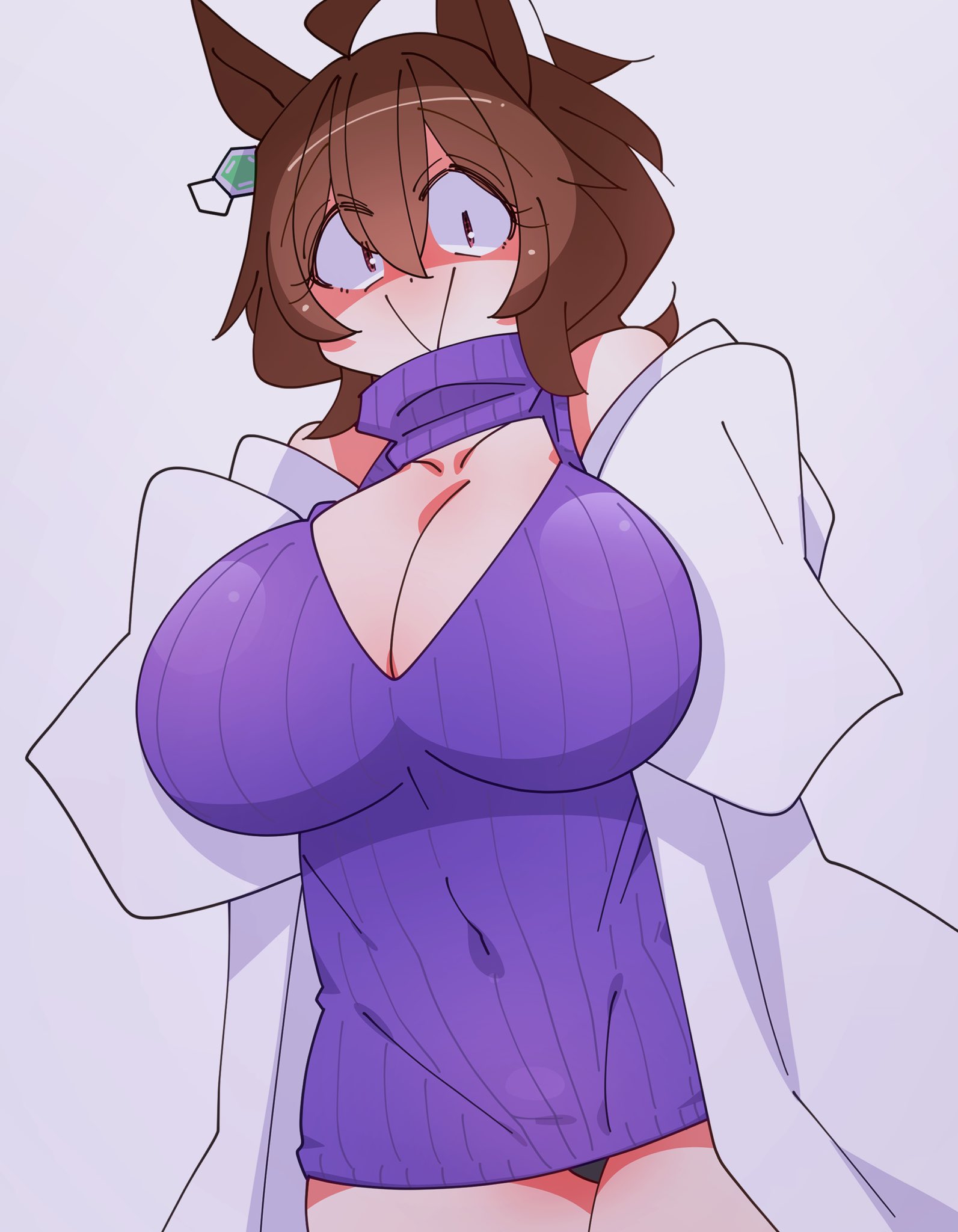 :>, 1girls, 2026, 2d, 2d (artwork), agnes tachyon (umamusume), animal ears, big breasts, breasts, brown hair, color, colored, cygames, digital media (artwork), female, female only, front view, hi res, huge breasts, kaijin debeso, legs, light skin, light-skinned female, looking at viewer, looking down, purple shirt, red eyes, shirt, simple background, smile, solo, stomach, thick thighs, thighs, umamusume, umamusume pretty derby, white background