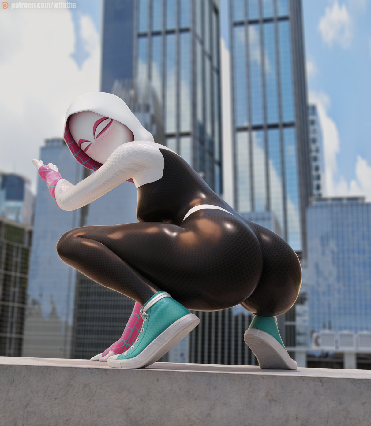 1girls, 3d, 3d (artwork), ass, big ass, big butt, bodysuit, breasts, bubble ass, bubble butt, city, female, female only, full body, fully clothed, gwen stacy, hood, looking at viewer, looking back, marvel, marvel comics, mask, masked, masked female, outdoors, rear view, sneakers, solo, solo female, spider-gwen, spider-man (series), spider-man: into the spider-verse, superhero, tagme, thick thighs, wtfsths
