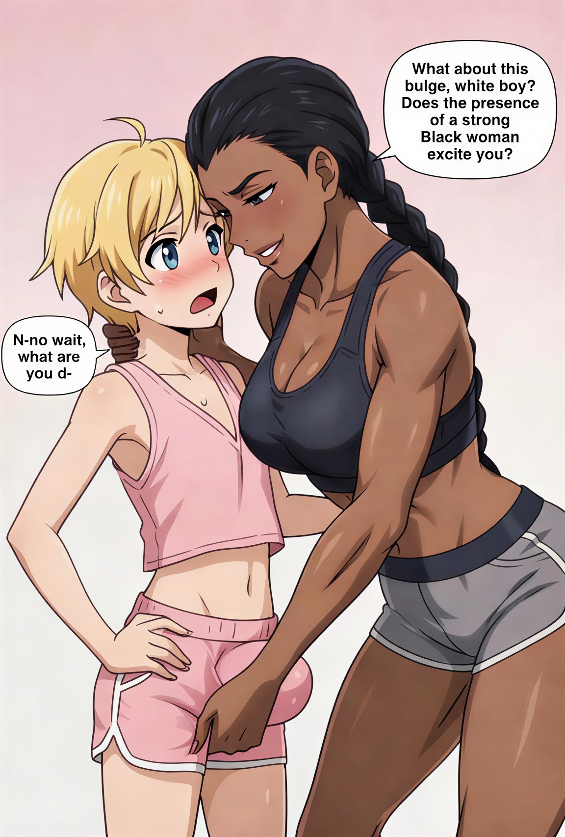 african female, ai generated, black woman, blacked, blue eyes, bnwo, bulge, dark-skinned female, ebony, female rapist, femblacked, femboy, femboy on female, femboysub, femdom, femdom caption, interracial, light skin, light-skinned femboy, light-skinned male, male rape victim, muscular female, raceplay, white skin