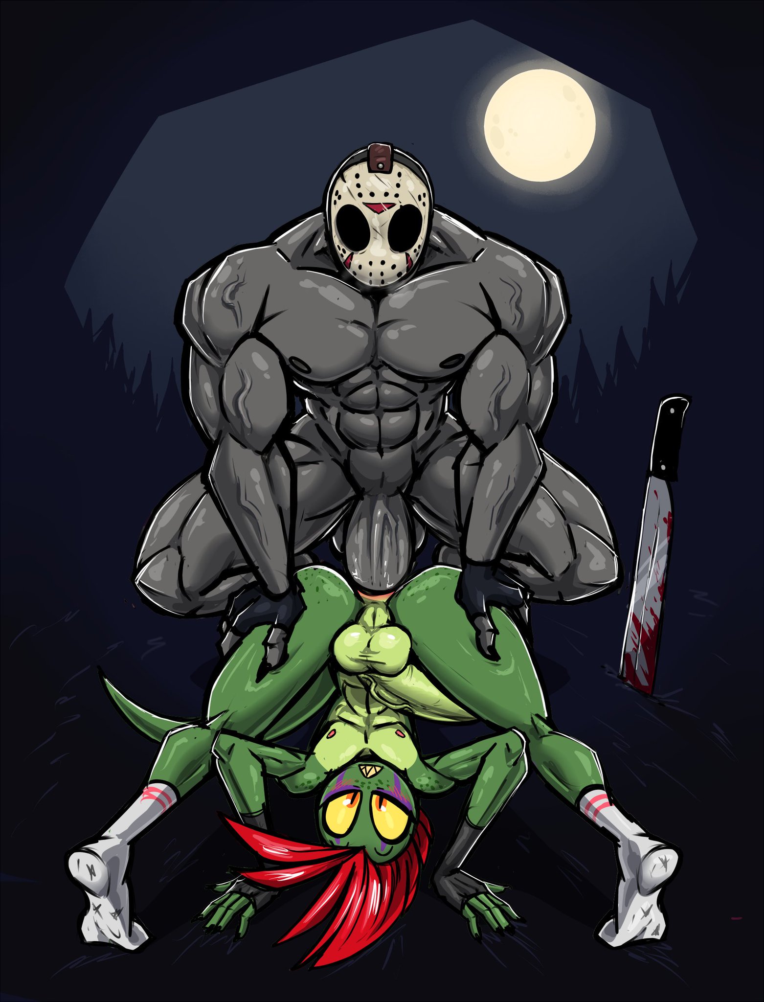 anal, ash (g-h-), ass, ass grab, folded, friday the 13th, g-h-, ghastlygh, gloves, green body, grey body, jason voorhees, jay ash (artist), machete, male, male only, male/male, mask, moon, muscular, night, nude, outdoors, penis, red hair, sex, socks, undead
