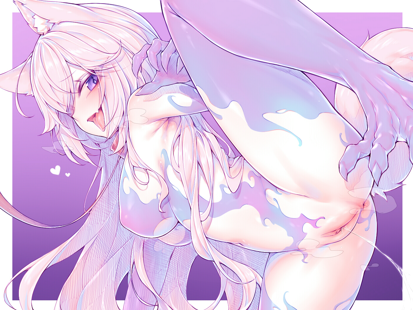 1girls, animal ears, anus, armpits, breasts, cat ears, cat tail, clawed feet, clawed fingers, claws, collar, completely nude, cute fang, female, heart symbol, kupa (jesterwii), leg up, long hair, medium breasts, monster girl, navel, nipples, nude, nyatasha nyanners, one leg up, pale skin, peeing, pink hair, purple eyes, purple skin, pussy, raised leg pee, simple background, skin fang, slit pupils, spread legs, tail, tongue, tongue out, two-tone body, unusual anatomy, unusual eyes, unusual pupils, virtual youtuber