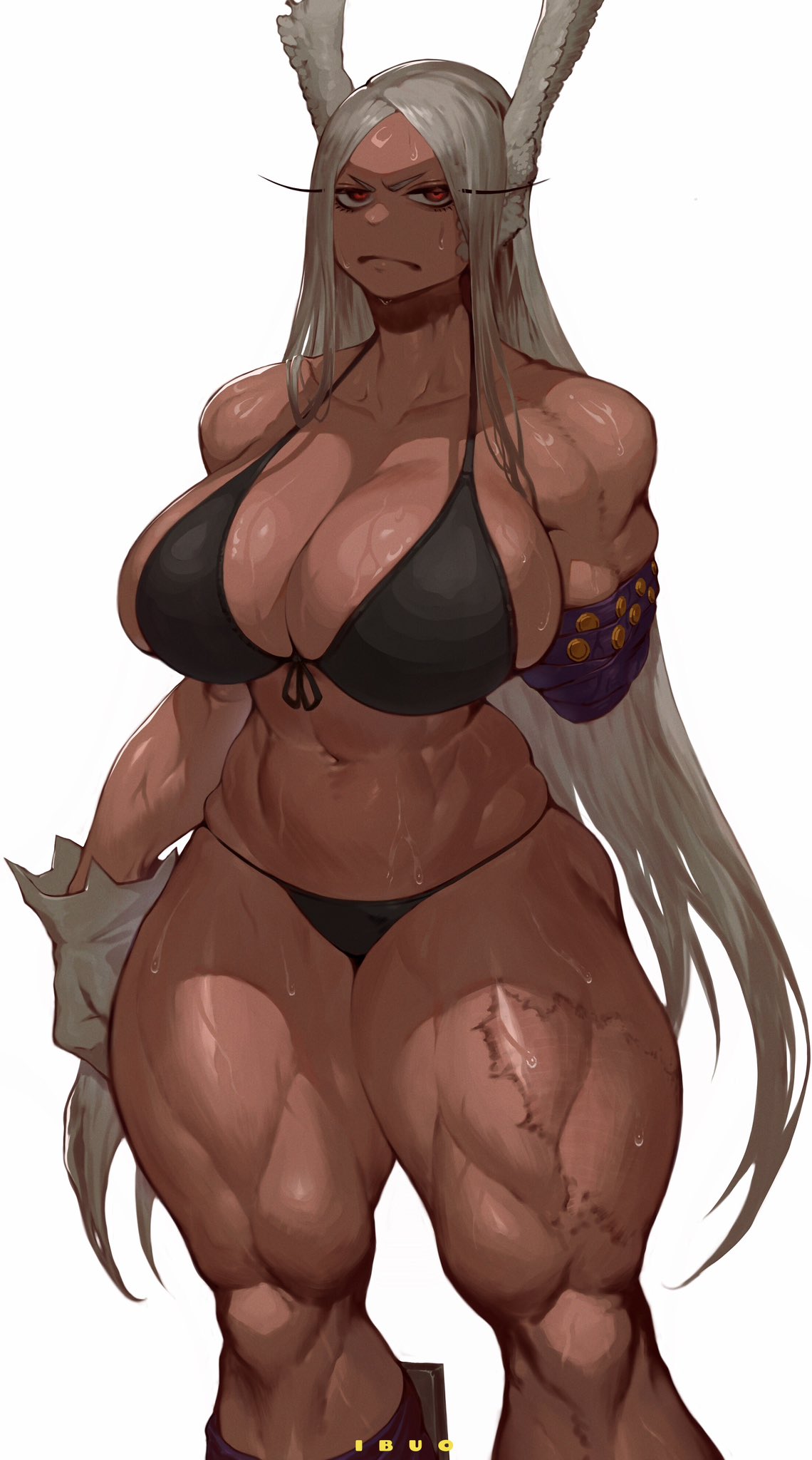 1girls, 2023, abs, alternate breast size, amputated arm, amputated leg, amputee, animal ears, annoyed, artist name, bare shoulders, big breasts, bikini, bra, breasts, bunny ears, cleavage, clothing, collarbone, curvy, dark skin, dark-skinned female, eyelashes, female, female focus, female only, frown, gloves, grey hair, hairy, half-closed eyes, highres, hips, huge breasts, human, ibuo, large breasts, looking at viewer, miruko, muscular, muscular female, my hero academia, navel, panties, red eyes, revealing clothes, rumi usagiyama, scar, shiny skin, sideboob, simple background, skimpy, solo, solo female, sweat, sweatdrop, swimsuit, thick thighs, thighs, very long hair, voluptuous, watermark, white background, wide hips