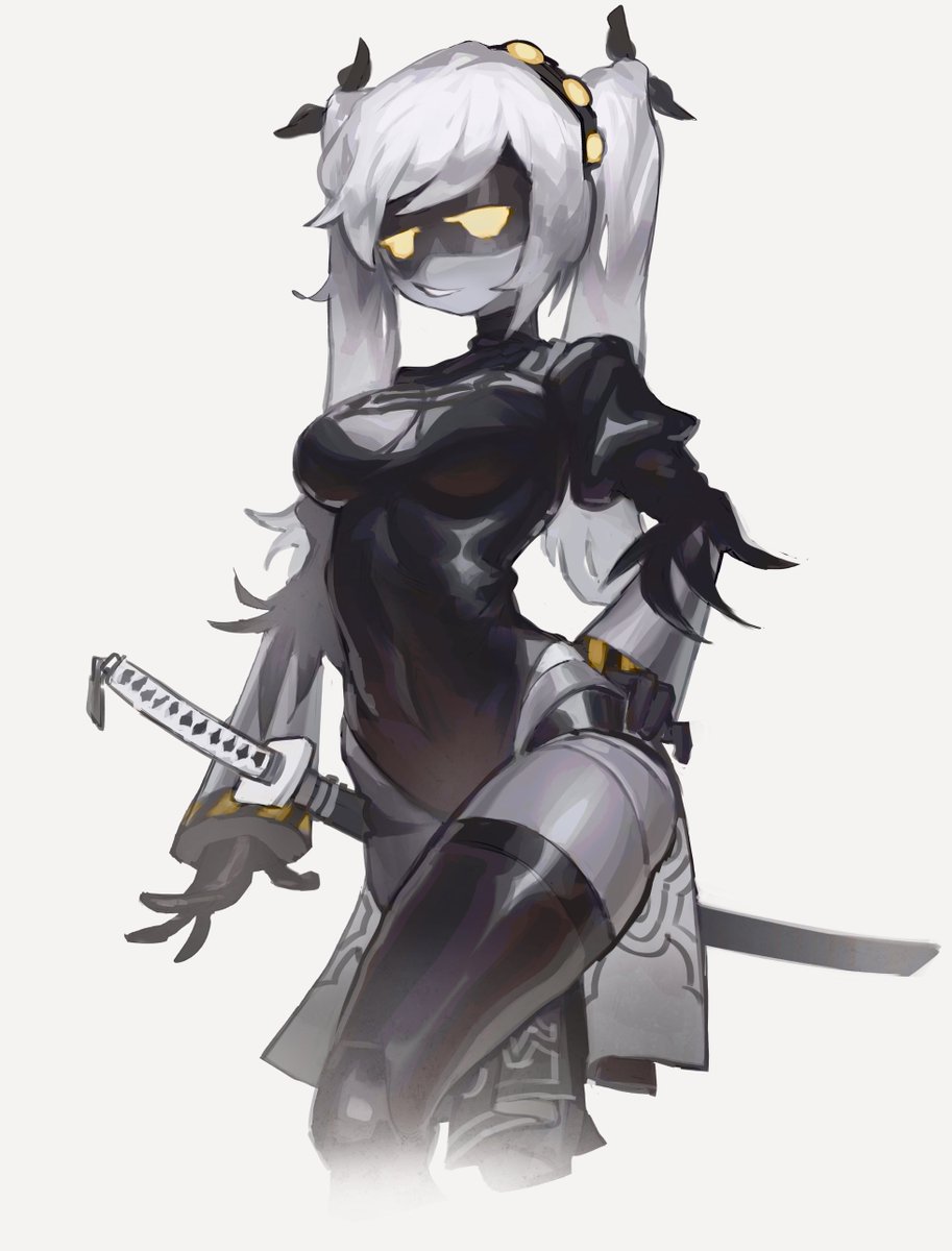 1girls, 2d, 2d (artwork), ass, big ass, big breasts, breasts, female, female only, gloves, hi res, highres, humanoid, j (murder drones), katana, latex, murder drones, pirodefka, robot, screen face, simple background, smiling, sneedy123, thighhighs, white hair, yellow eyes