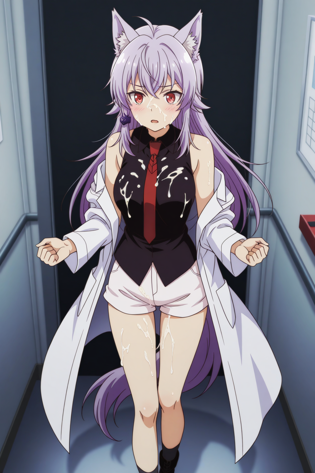 1girls ahoge ai_generated animal_ear_fluff animal_ears animal_tail bare_legs black_shirt black_socks breasts brown_shoes bukkake civitai civitai_lora cum cum_on_face exposed exposed_breasts exposed_pussy female full_body hair_between_eyes hair_ornament human_female illustrious_(stable_diffusion) illustrious_xl kaijin_kaihatsubu_no_kuroitsu-san kemonomimi labcoat long_hair medium_breasts miss_kuroitsu_from_the_monster_development_department nipples nude purple_hair pussy red_eyes red_necktie sdxl shorts skinny sleeveless socks solo stable_diffusion tagme tail wai-nsfw-illustrious-sdxl white_shorts wolf_bete wolf_ears wolf_girl wolf_tail