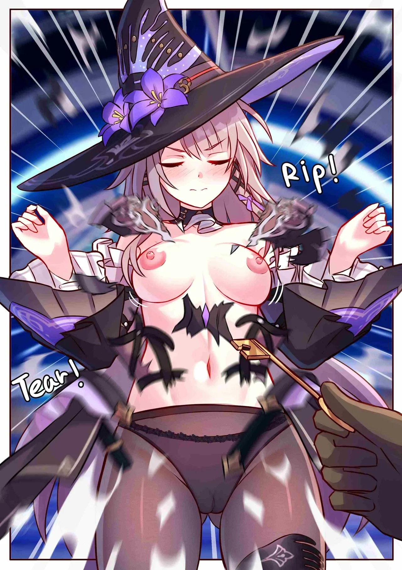 1girls, 2d, blush, breasts, breasts out, female, herta (honkai: star rail), honkai: star rail, jimpu6, stripped naked, stripping, the herta (honkai: star rail), unclothing, witch hat