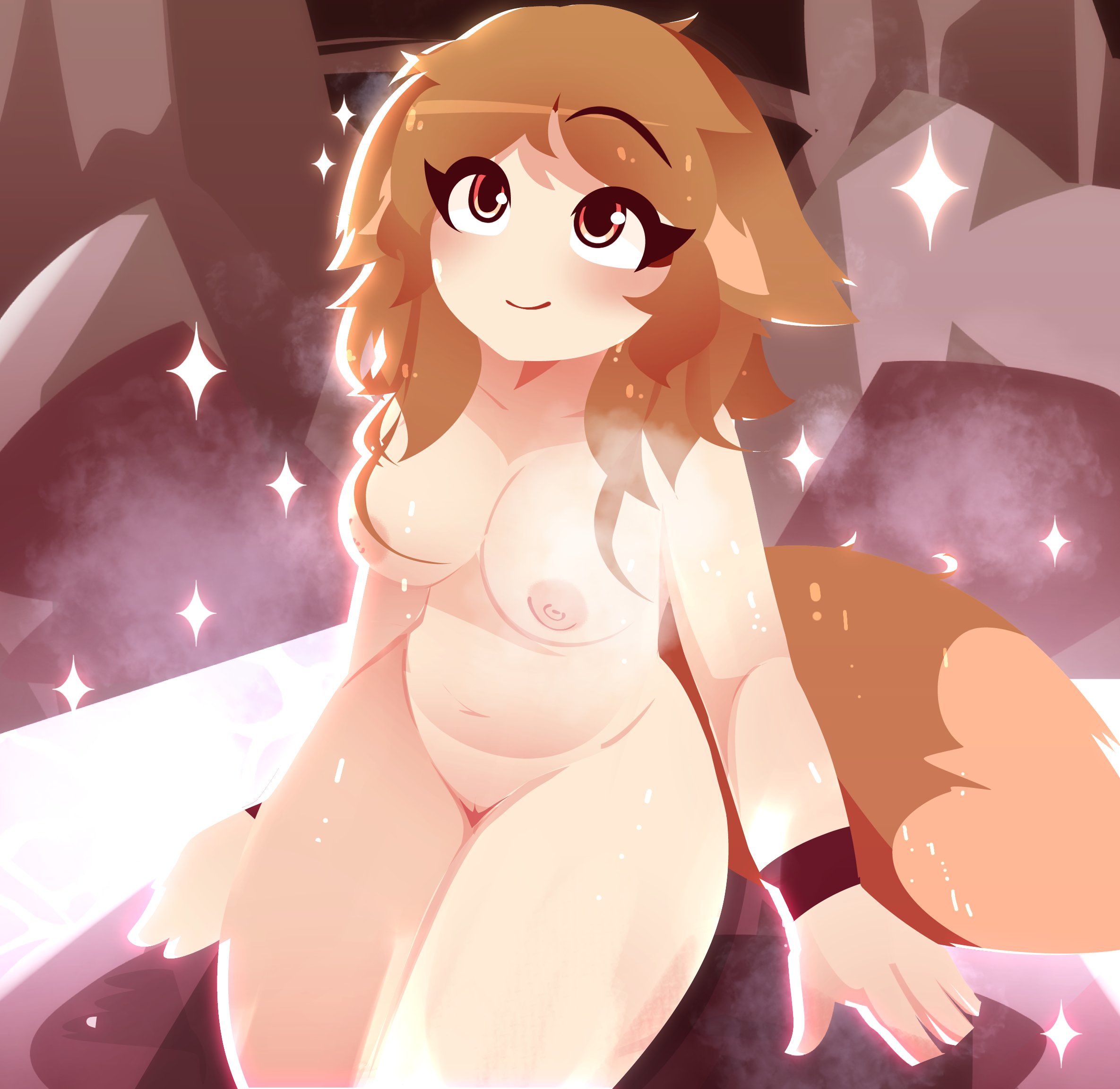 1girls, animal tail, brown hair, cathie (rivergravidade), cute, cute face, eyelashes, female, female focus, female only, happy, happy female, messy hair, naked, naked female, nude, nude female, oc, orange eyes, original, original art, original artwork, original character, originalcharacter, rivergravidade, rosy cheeks, shiny, shiny hair, shiny skin, short hair, sitting, smile, smiling, solo, solo female, solo focus, sparkles, tagme, tagme (artist), tagme (character), tail, thick, thick thighs, wet, wet body, wristband