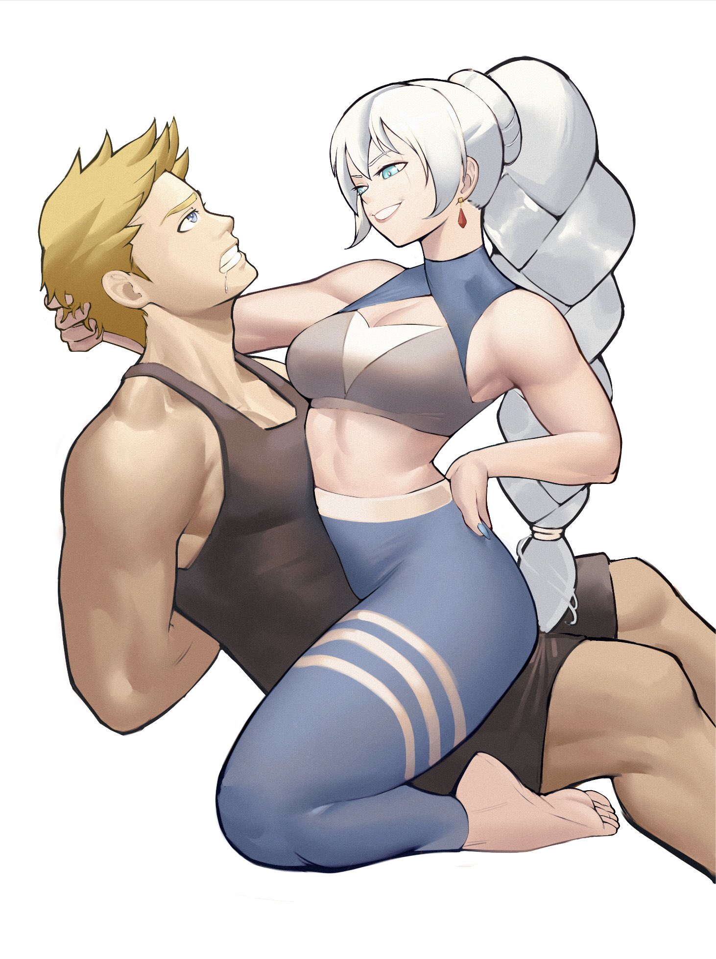 1boy, 1girls, 2d, ass, barefoot, blonde hair, blonde male, blue eyes, boob window, braid, braided hair, braided ponytail, breasts, chest, chest window, drooling, dry humping, female, grinding, grinding on leg, grinding through clothes, gym, gym clothes, gym clothing, hair grab, holding back orgasm, holding head, imminent sex, jaune arc, leggings, male, muscular, muscular female, muscular male, nails, possessive, rooster teeth, rwby, seducing, seduction, seductive, seductive look, seductive smile, simple background, tank top, tease, teasing, thick legs, thick thighs, thighs, tight clothes, tight clothing, toned, toned arms, toned body, toned female, toned male, toned stomach, viz media, weiss schnee, white background, white hair, white-haired female, yoga pants, zukululuu