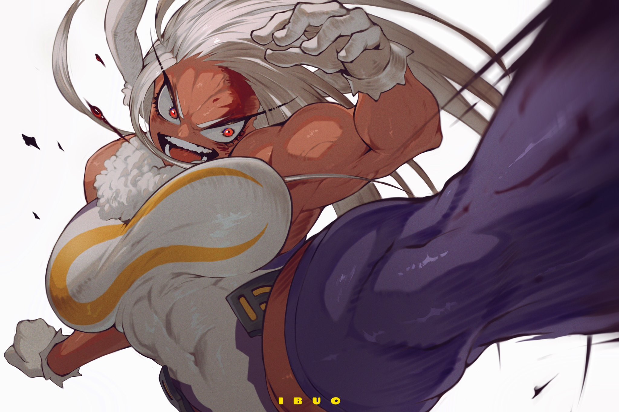 1girls, 2023, 2d, 2d (artwork), abs, action pose, animal ears, artist name, bare shoulders, big breasts, blood, blood on face, breasts, bunny ears, clothing, curvy, dark skin, dark-skinned female, eyelashes, female, female focus, female only, fur collar, gloves, high resolution, human, ibuo, kicking, large breasts, legwear, leotard, long hair, looking to the side, miruko, motion lines, muscular, muscular female, my hero academia, navel, navel visible through clothes, open mouth, pinup, questionable, quirked human (my hero academia), red eyes, revealing clothes, rumi usagiyama, sfw, shiny skin, simple background, skimpy, sleeveless, solo, solo female, stockings, superheroine, teeth, thick thighs, thighhighs, thighs, tongue, turtleneck, voluptuous, watermark, white background, white hair
