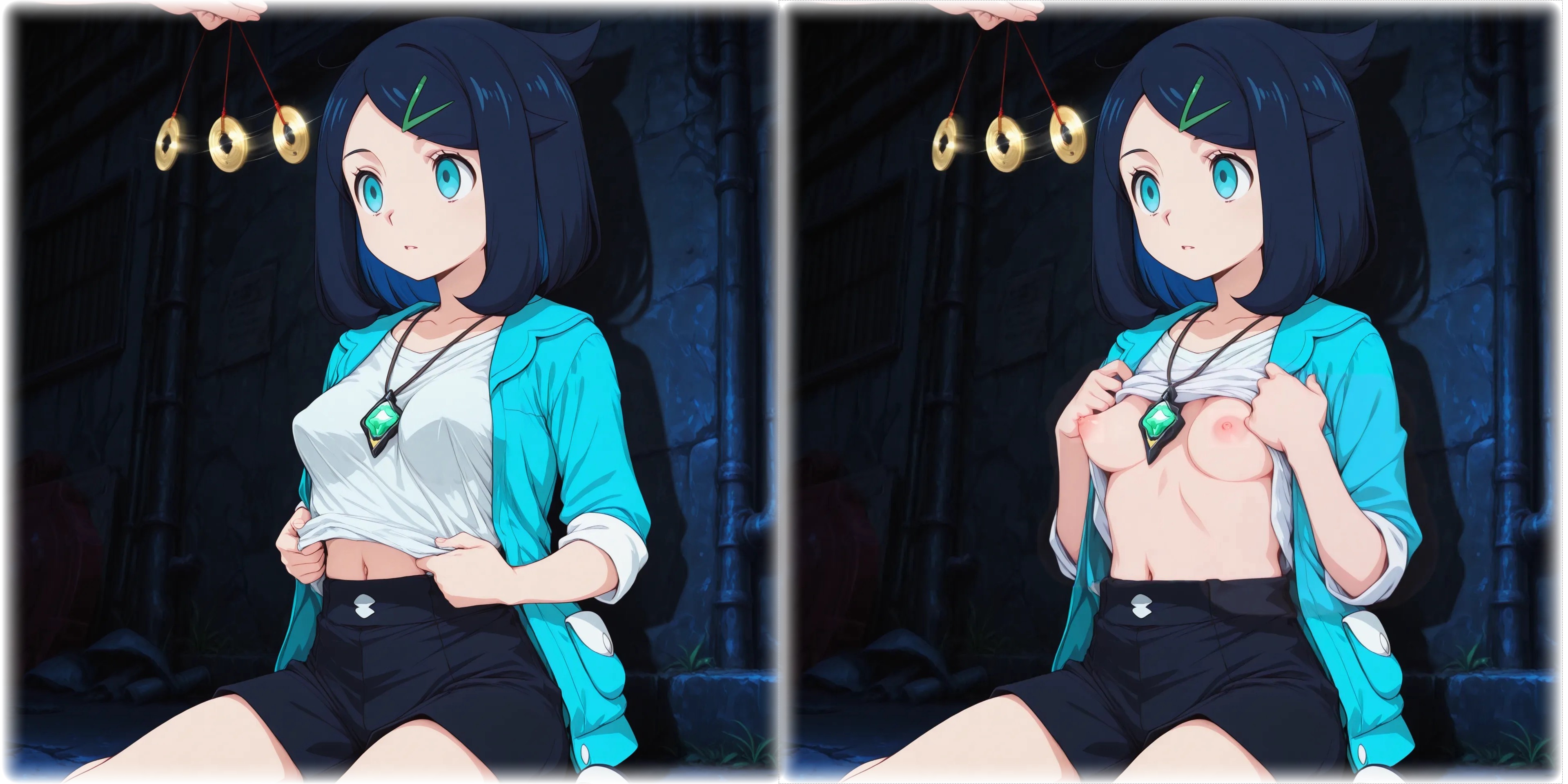 1girls, ai generated, breasts, female, flashing breasts, hypnosis, liko (pokemon), mind control, nipples, pokemon, pokemon (anime), pokemon horizons